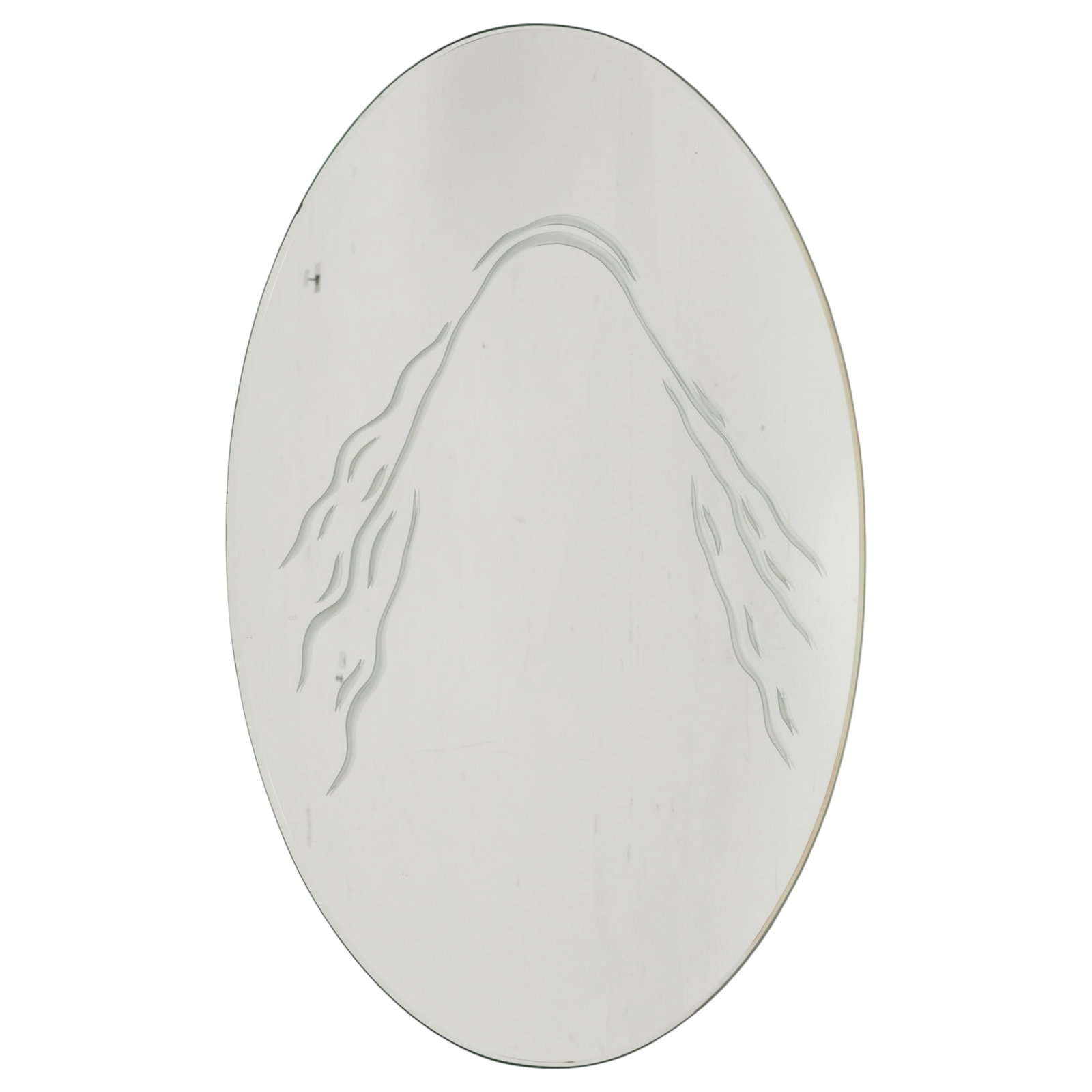 Lalique Oval Mirror Glass Plateau for Cygnes Swans: Oval beveled mirrored glass display plateau attributed to Lalique decorated with an etched stylized water ripple motif. Designed for the Cygnes Crystal Swans as a decorative display surface, the mirro