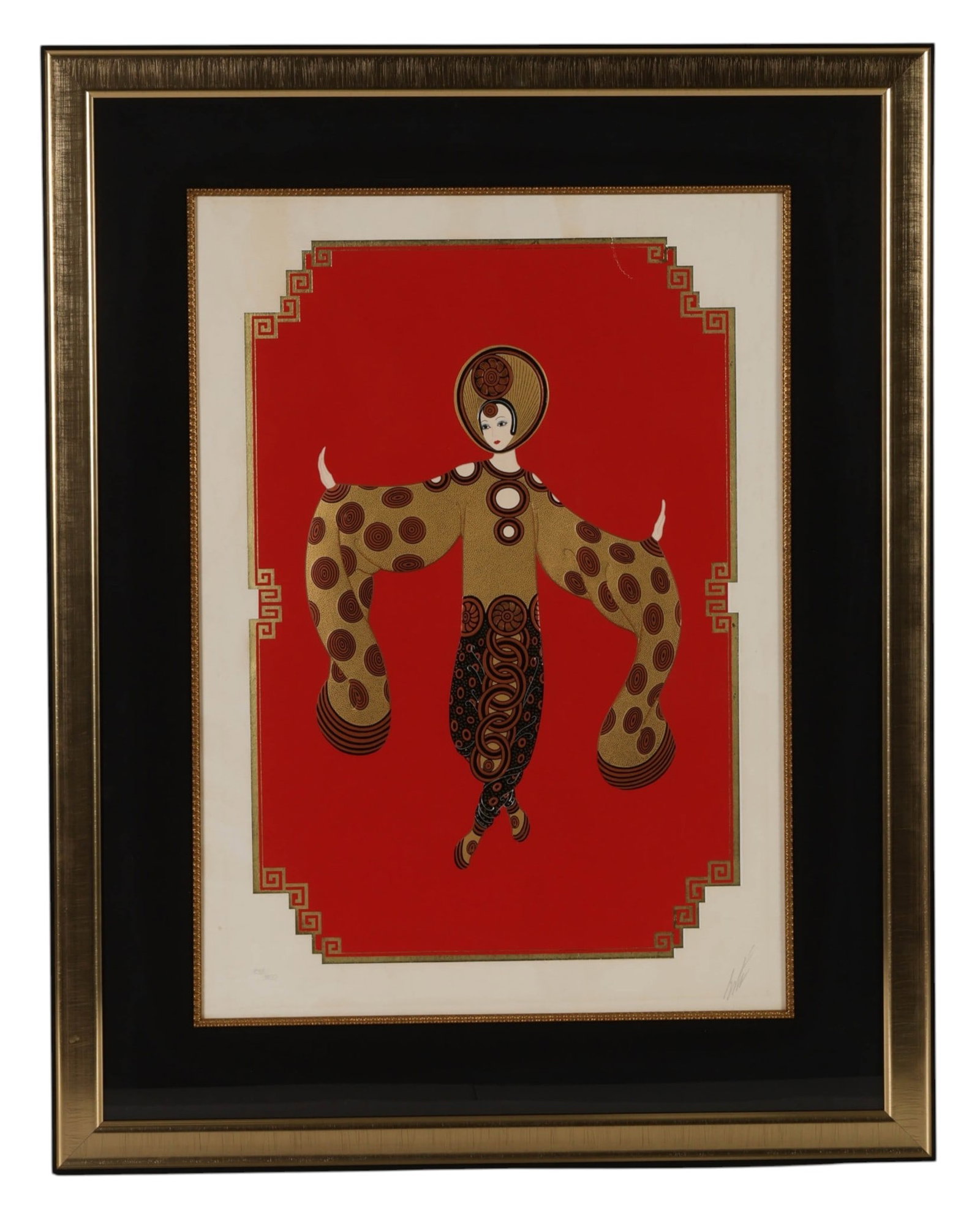 Erte 1892-1990 "Willow Tree" LE Serigraph SIGNED: Erte (Romain de Tirtoff, French, 1892-1990), Willow Tree, color serigraph on paper depicting a stylized female figure in an elaborate patterned costume against a vibrant red ground with gilt geometric