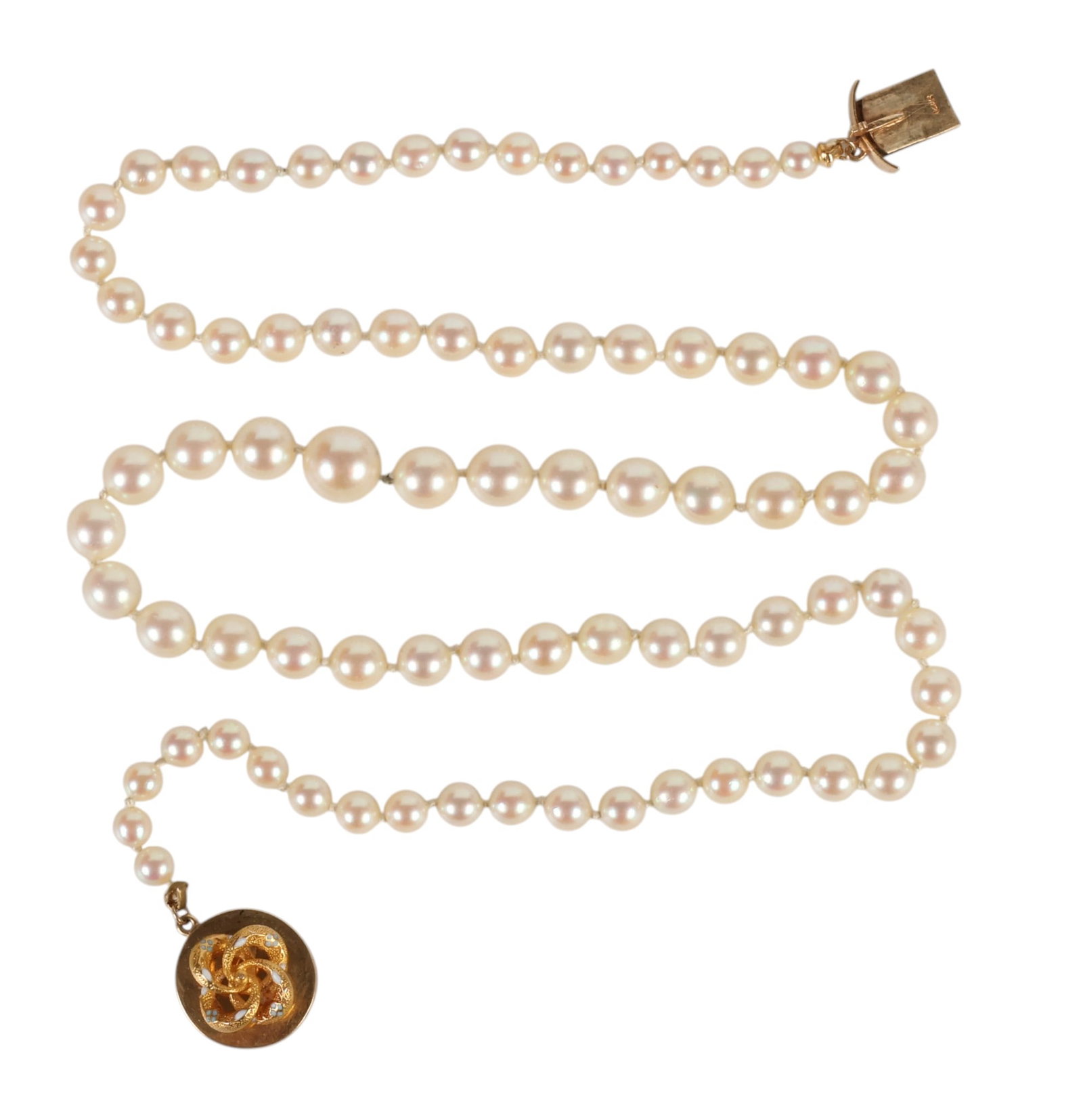 Antique 14k Gold "Love Knot" Clasp Pearl Necklace: Antique cultured pearl necklace composed of graduated cream-white pearls measuring approximately 4 mm to 8 mm, individually knotted and terminating in a circular 14K gold clasp featuring an interwoven