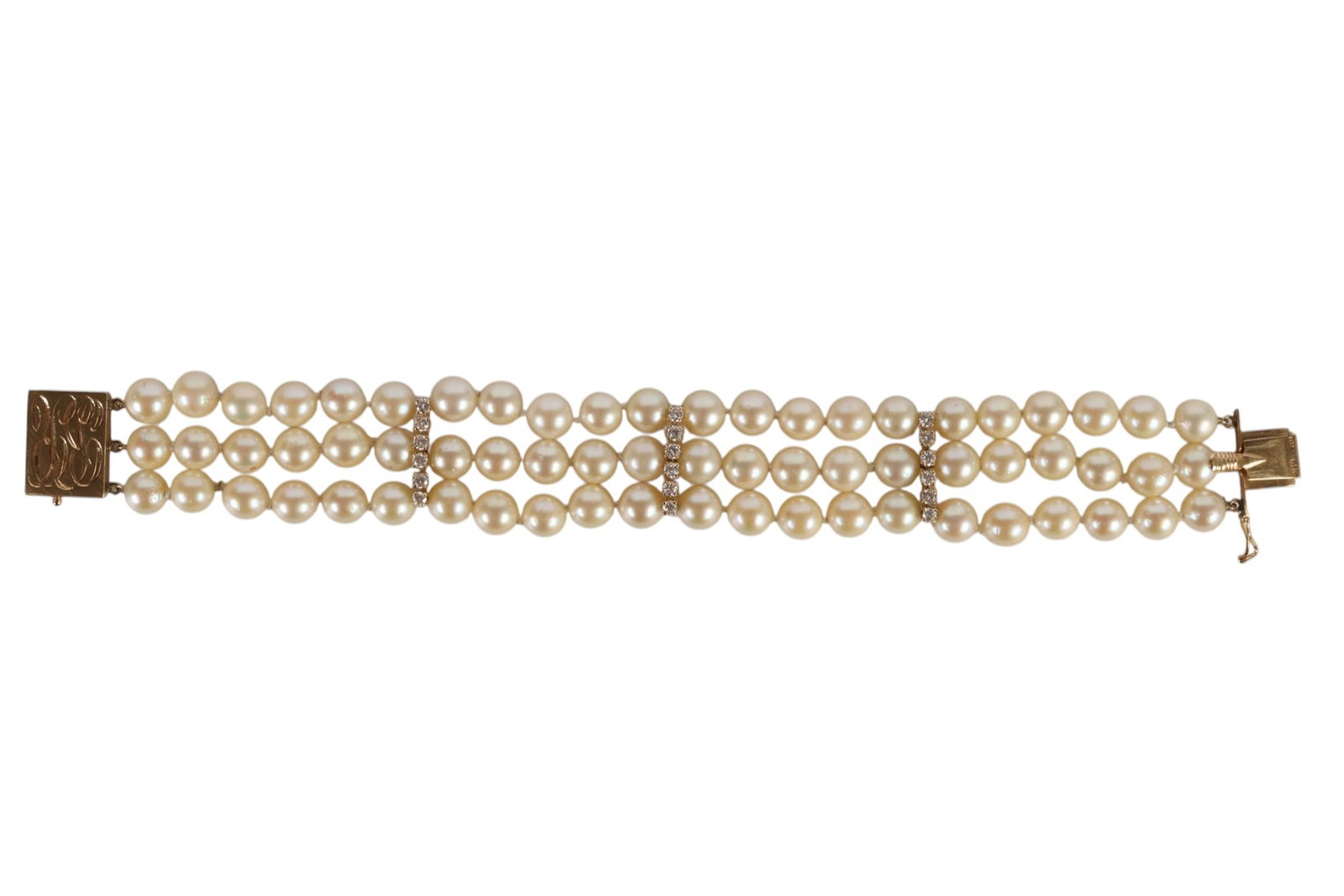 14k Triple Strand Cultured Pearl Diamond Bracelet (1 of 7)
