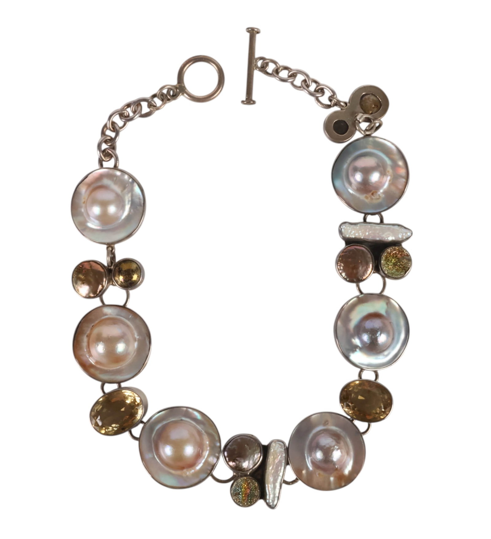 Sterling Pearl & Citrine Gemstone Chocker Necklace: Vintage sterling silver, pearl, and gemstone choker necklace, featuring an eclectic asymmetrical arrangement of large mabe pearls, baroque pearl elements, faceted citrine-colored gemstones, and additi