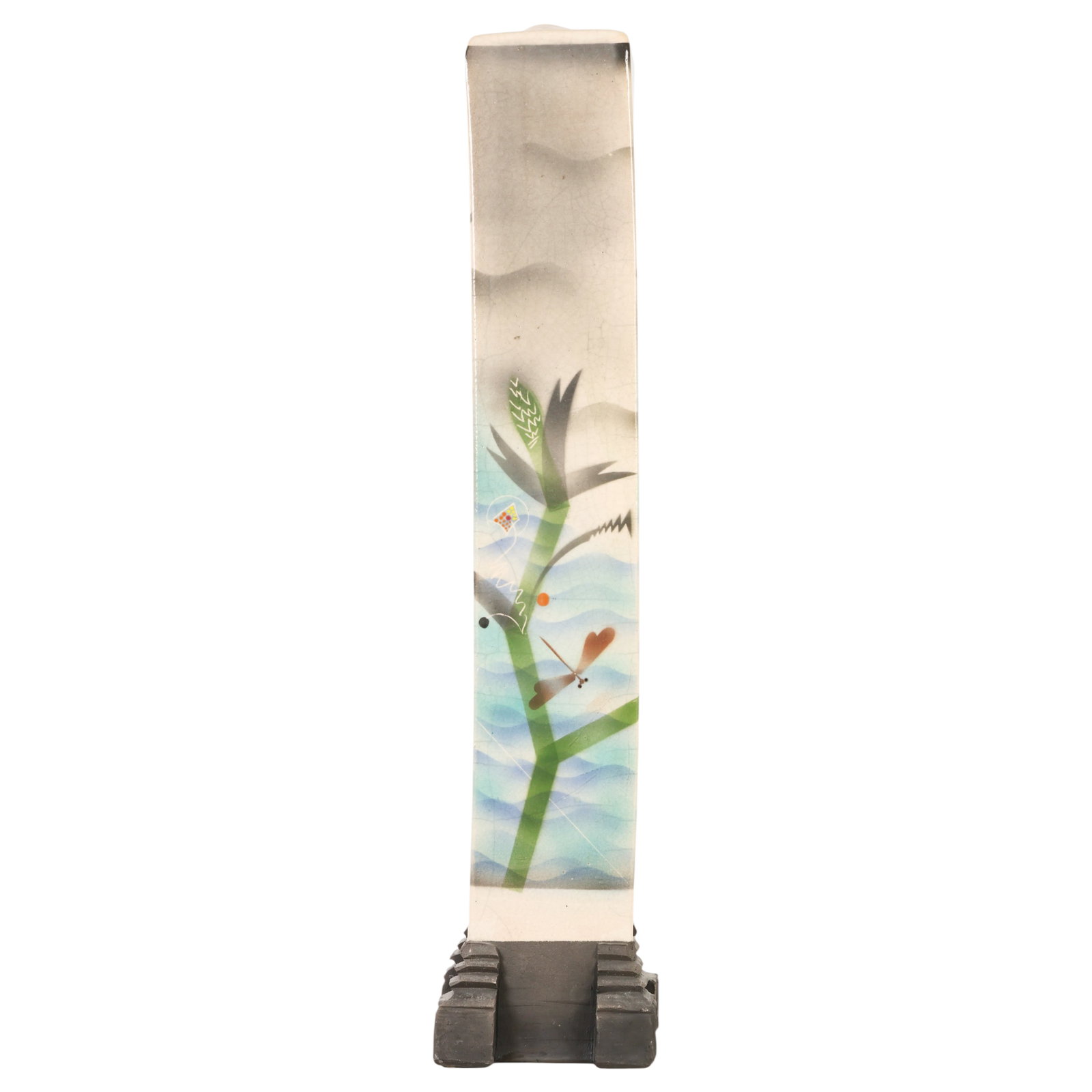 Vintage Ceramic Studio Art Raku "Dragonfly" Vase: Vintage Raku-fired ceramic vase of tall rectangular form, featuring airbrushed decoration with stylized dragonflies, foliage, and layered blue wave motifs against a gray ground. Raised on a black step