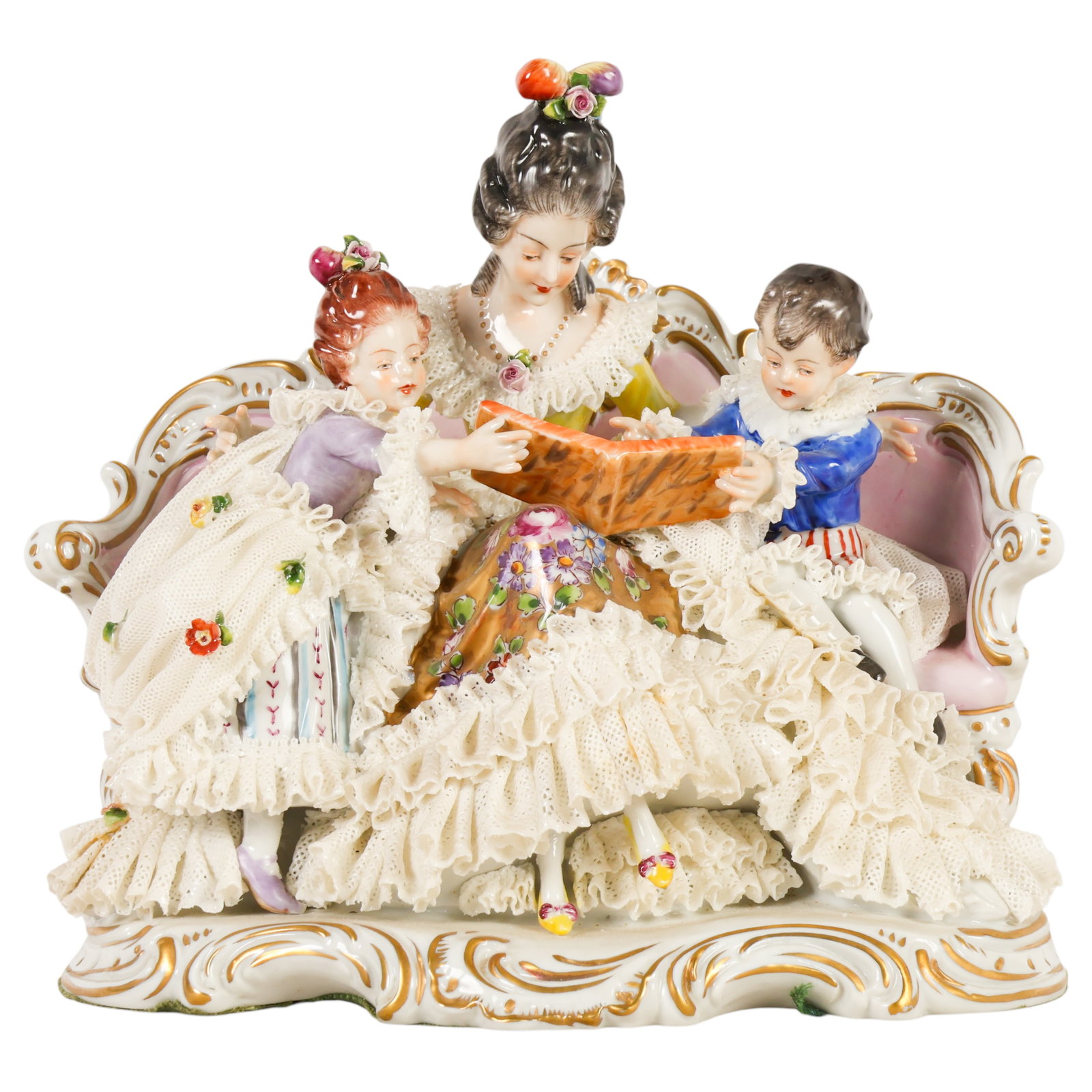 Volkstedt Dresden Lace Porcelain Figural Grouping: Volkstedt German Dresden lace porcelain figural group depicting three elegantly dressed figures seated upon an ornate Rococo-style settee, the central lady flanked by two companions gathered around an