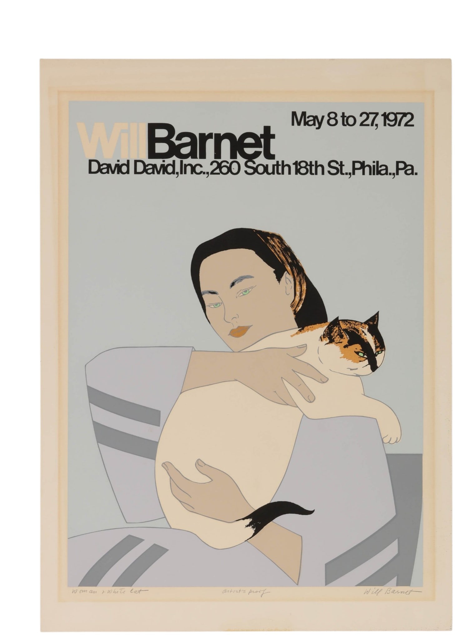 Will Barnet 1911-2012 Woman and Cat Litho SIGNED: Will Barnet (American, 1911-2012), "Woman + White Cat," 1972 exhibition poster / color serigraph on paper featuring Barnet's modernist composition of a seated woman holding a white cat, produced for h