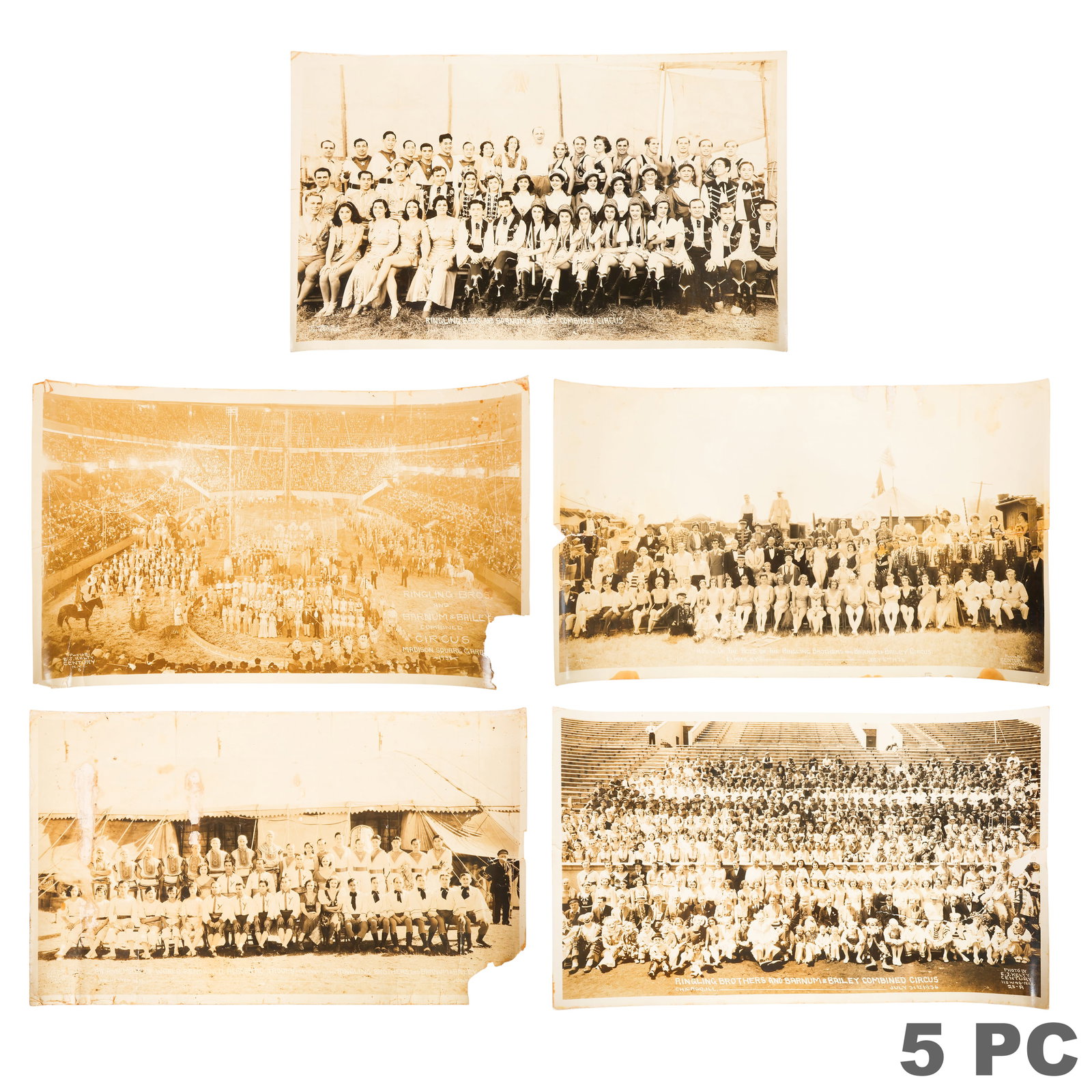 Edward J. Kelty 1888-1967 Ringling Bros Photos LOT: Lot of five antique photographs by Edward J. Kelty (American, 1888-1967), documenting the Ringling Bros. and Barnum & Bailey Circus, circa 1932-1938, depicting large assembled groups of circus perform