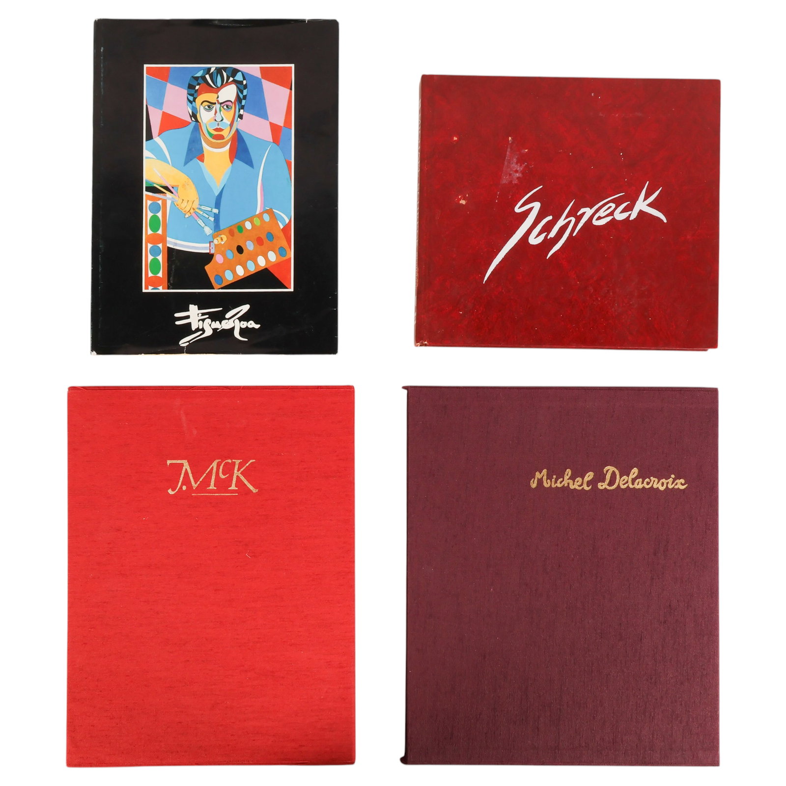 Figueroa, Schreck Delacroix McKnight Books SIGNED: Lot of four signed artist coffee table art books comprising Jorge Figueroa Acosta (born 1942), hardcover volume featuring a signed and numbered print titled La Gordita, numbered 89/1000; Michael Henry