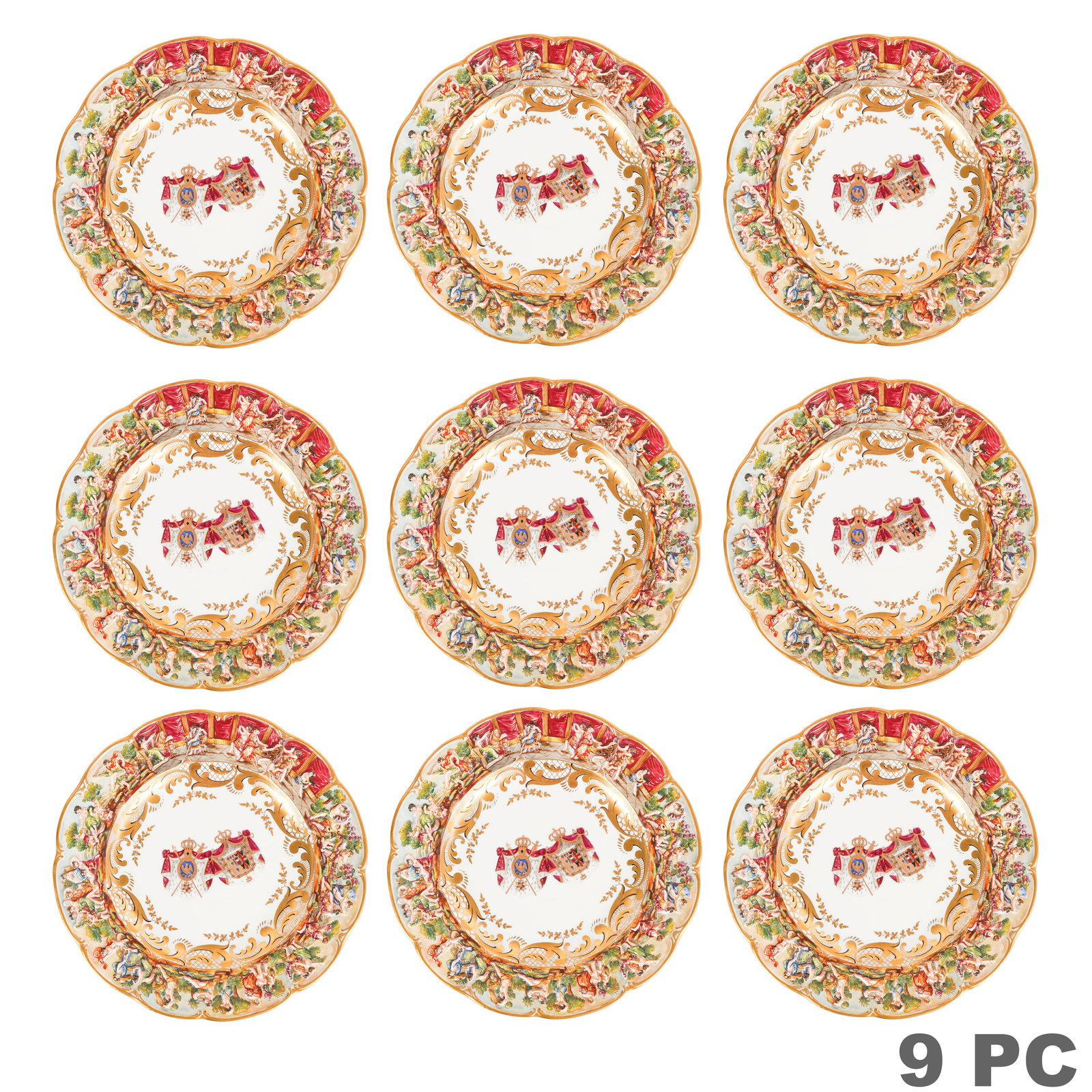 19C Capodimonte Armorial Porcelain Charger 9pc SET: Capodimonte set of nine Italian porcelain armorial charger plates, each elaborately hand-painted with dual crowned coats of arms, extensive gilt scrollwork, and a scalloped high-relief border decorate