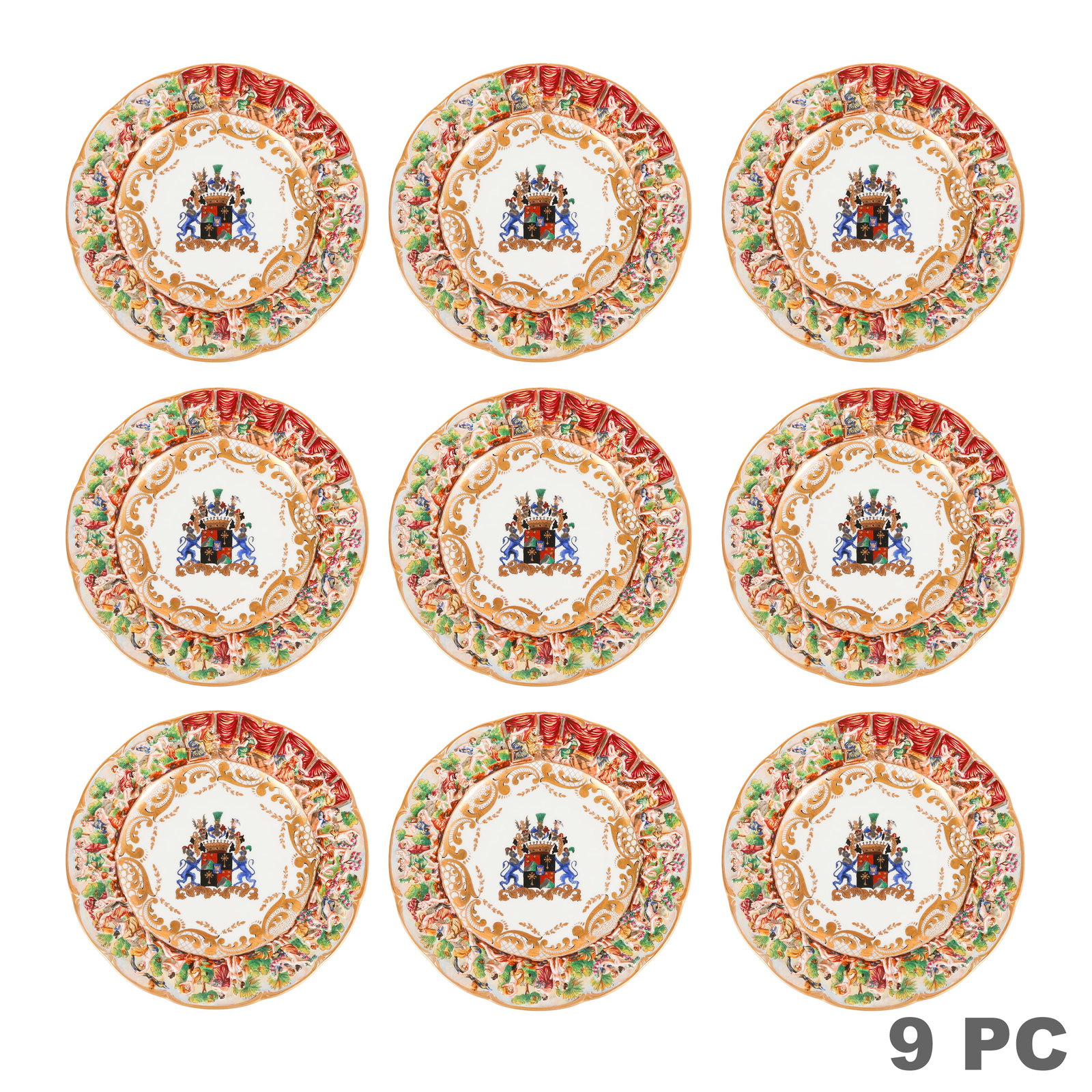 19C Capodimonte Armorial Porcelain Plates 9pc SET: Capodimonte set of nine Italian porcelain dinner plates, each hand-painted with a central crowned armorial crest supported by blue lions, surrounded by elaborate gilt scrollwork and a molded high-reli