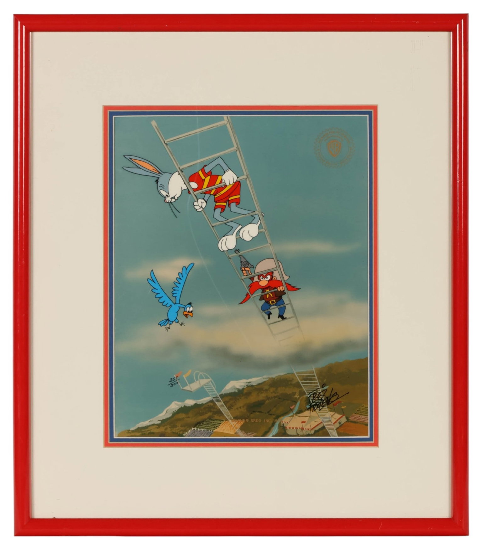 Freleng 1905-1995 Bugs Bunny Yosemite Cell SIGNED: Friz Freleng (American, 1905-1995)., Warner Bros. limited-edition hand-painted animation cel titled "Freeway," featuring Bugs Bunny and Yosemite Sam on an extended ladder above a landscape. Numbered 2