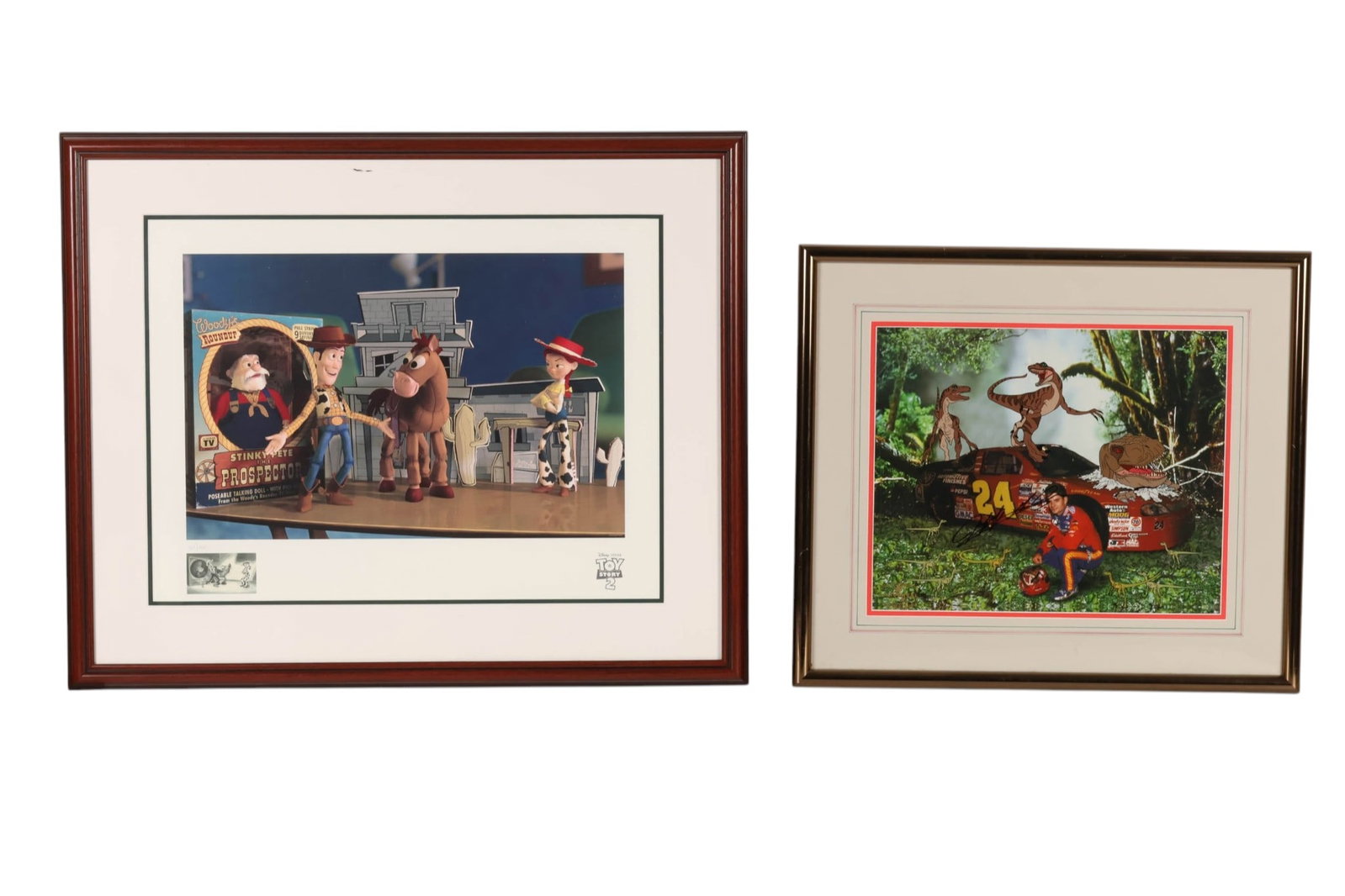 Toy Story 2 & Disney Jeff Gordon SIGNED Photo LOT: Two-piece lot of framed animation and entertainment memorabilia. Includes a 2000 Disney Store exclusive Toy Story 2 limited-edition lithograph featuring Woody, Jessie, Bullseye, and Stinky Pete in a s