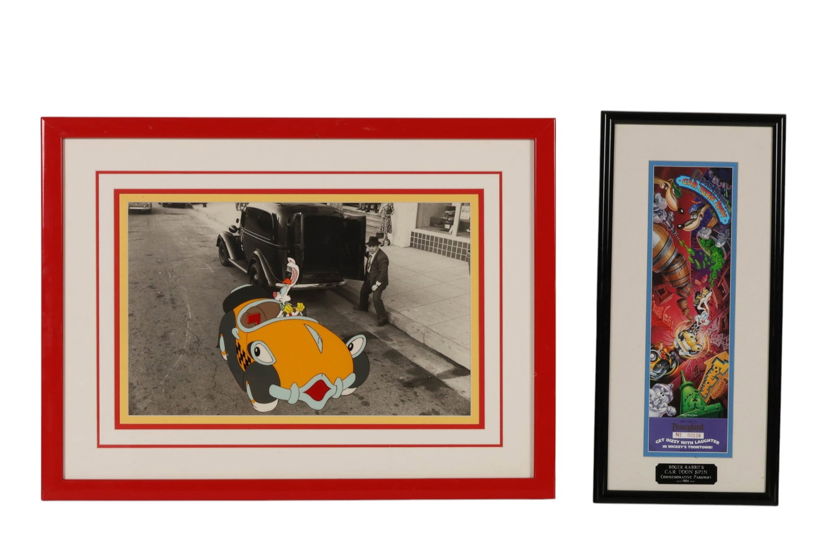Disney Who Roger Rabbit Movie Cell & More 2pc LOT: Lot of two framed Walt Disney Who Framed Roger Rabbit collectibles. Includes an production cel from the 1988 Disney/Touchstone film depicting Roger Rabbit and Benny the Cab over a photographic backgro