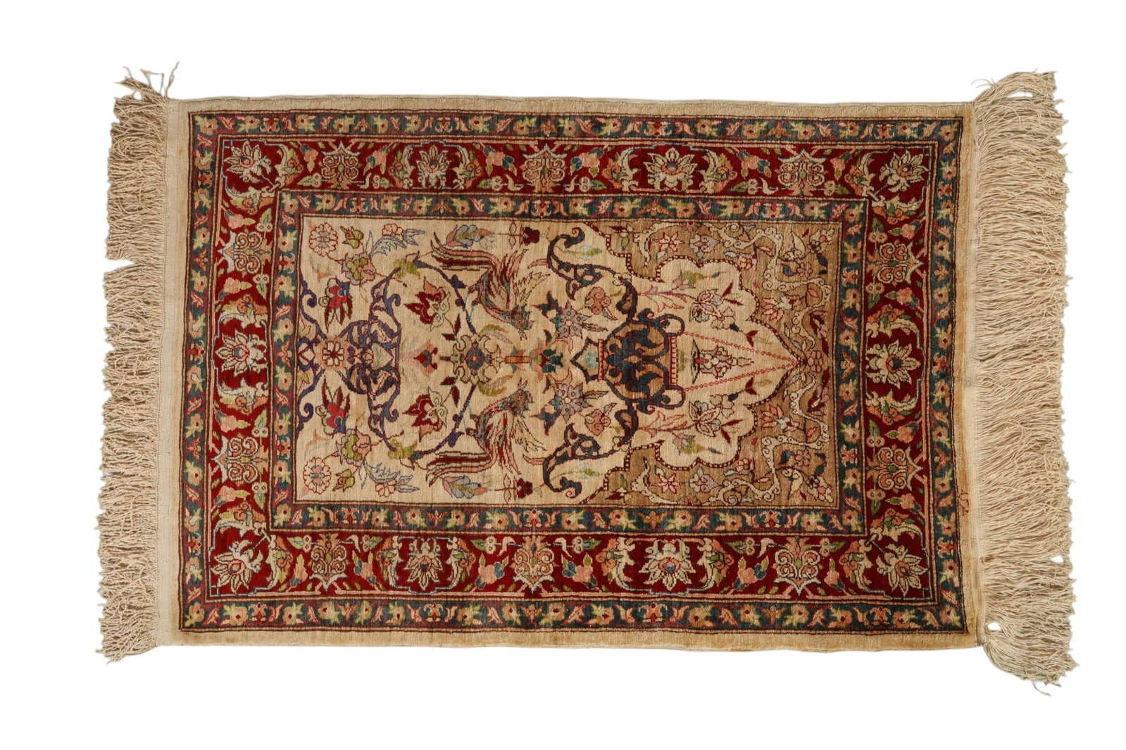 Oriental Indo Persian Style Woven Silk Prayer Rug: Vintage woven Indo-Persian silk prayer rug featuring a cream field with intricate floral and foliate motifs in burgundy, navy, green, tan, and muted pastel tones, surrounded by multiple floral borders