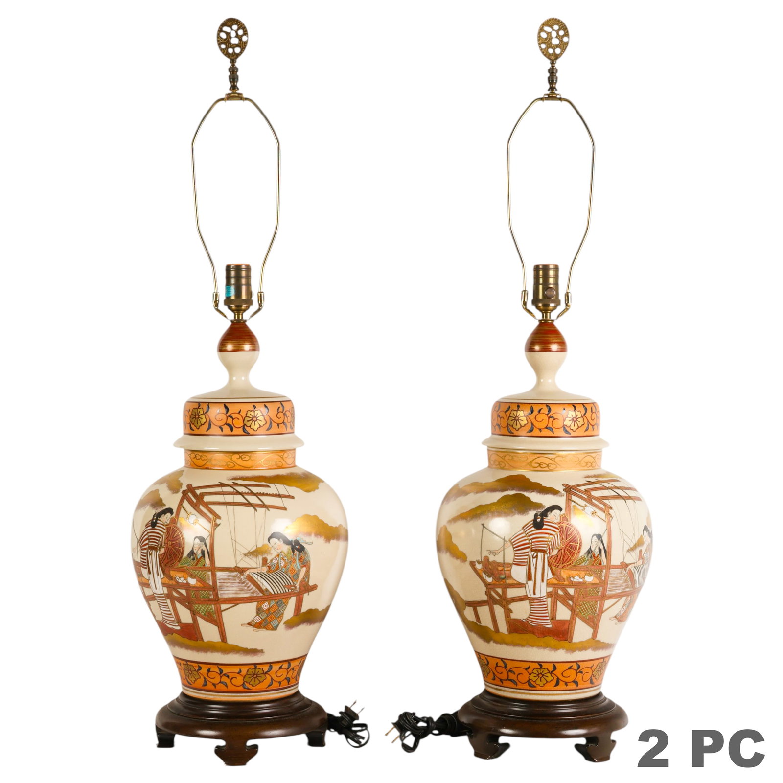 Japanese Pair Satsuma Pottery Vase Mounted Lamps: Pair of Japanese Satsuma potty vases converted into table lamps, each with a baluster-form body hand-painted with figural scenes of women engaged in textile weaving, accented with gilt decoration and 
