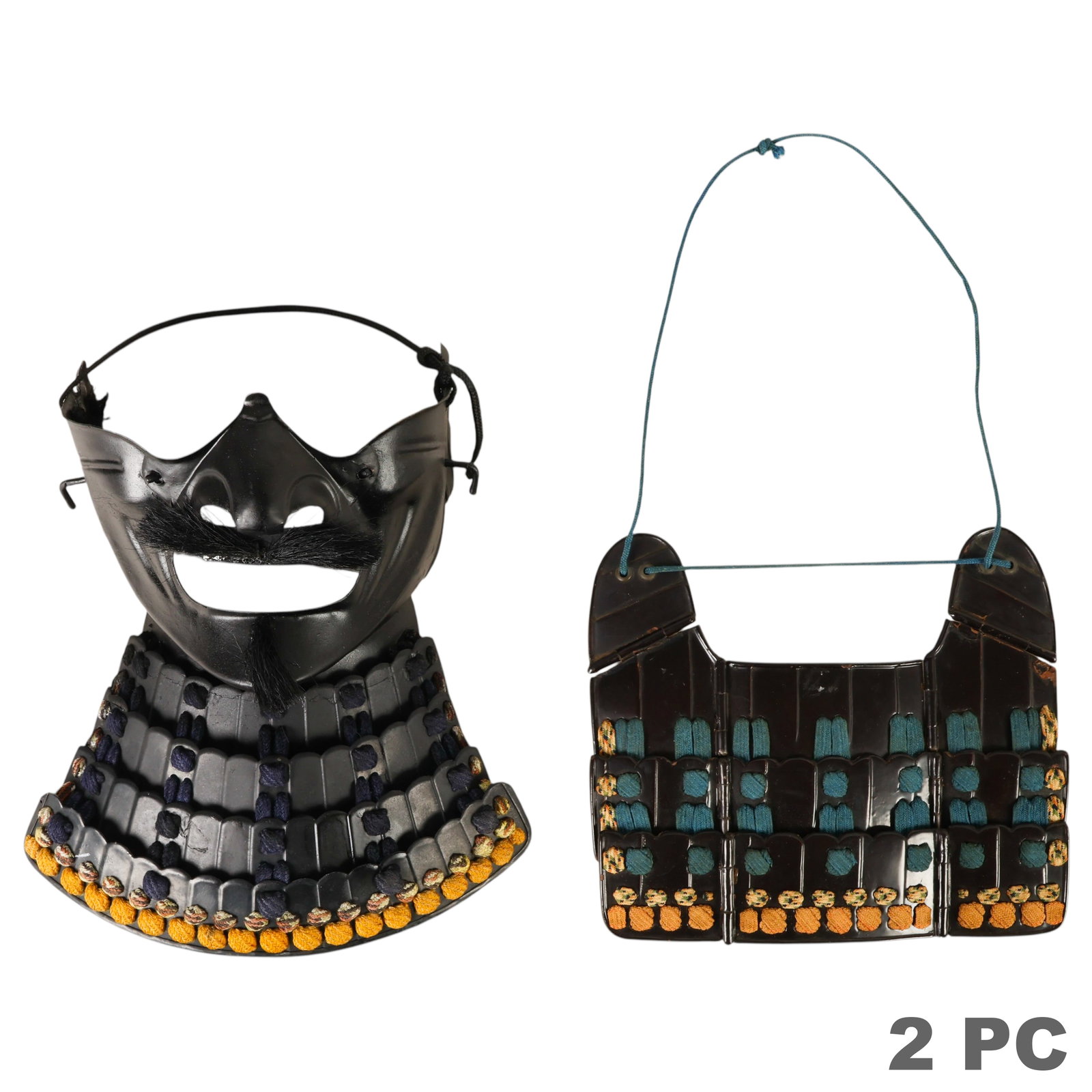 Japanese Samurai Warrior Menpo Armor Face Mask: Japanese-style samurai armor display comprising a black metal menpo face guard with an applied moustache and throat guard, accompanied by a detachable lacquered kusazuri skirt element constructed of h