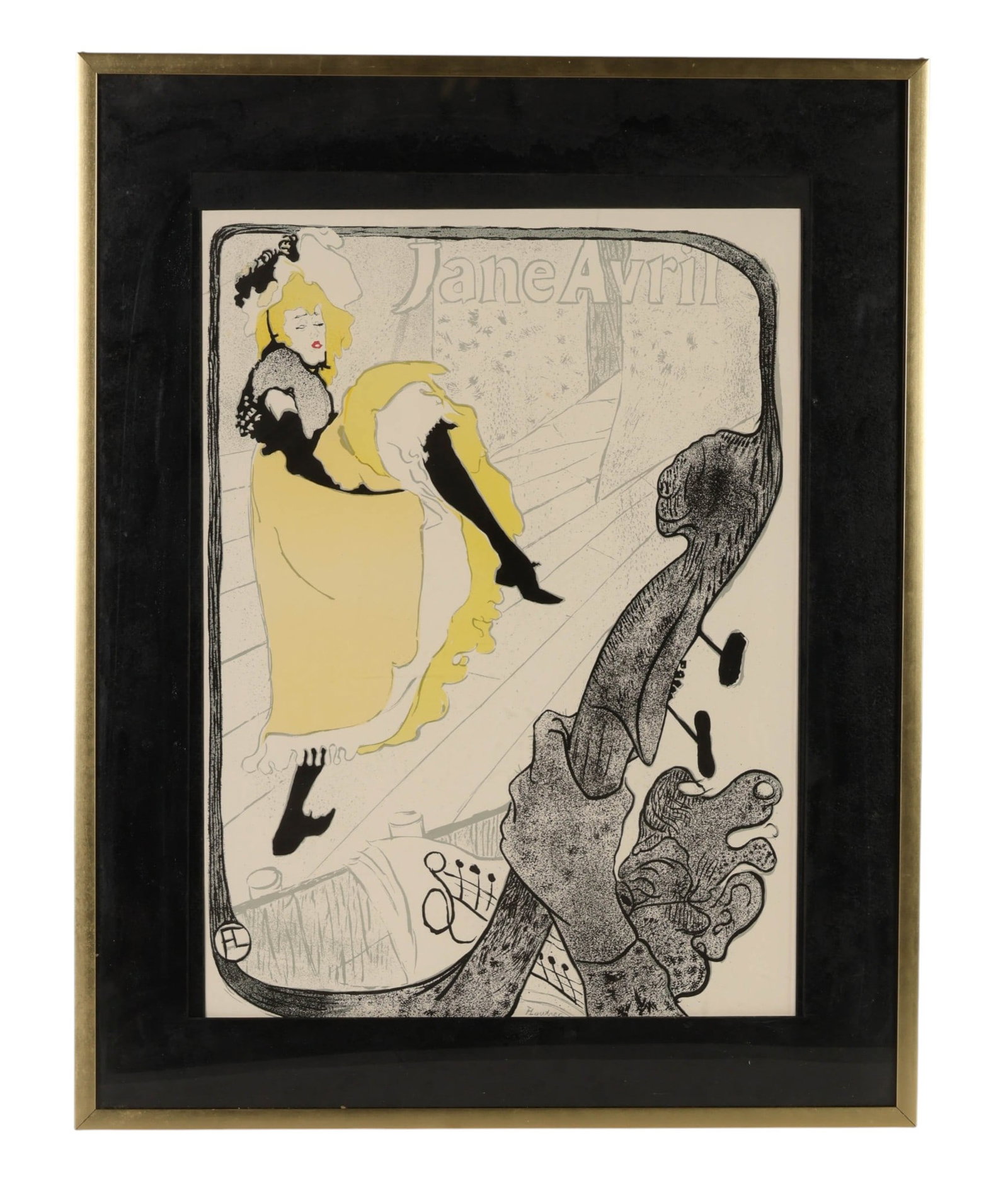 Jane Avril Litho after Henri de Toulouse-Lautrec: After Henri de Toulouse-Lautrec (French, 1864-1901), Jane Avril, color lithograph on paper depicting the celebrated French can-can dancer Jane Avril in a flowing yellow costume, with an orchestra musi