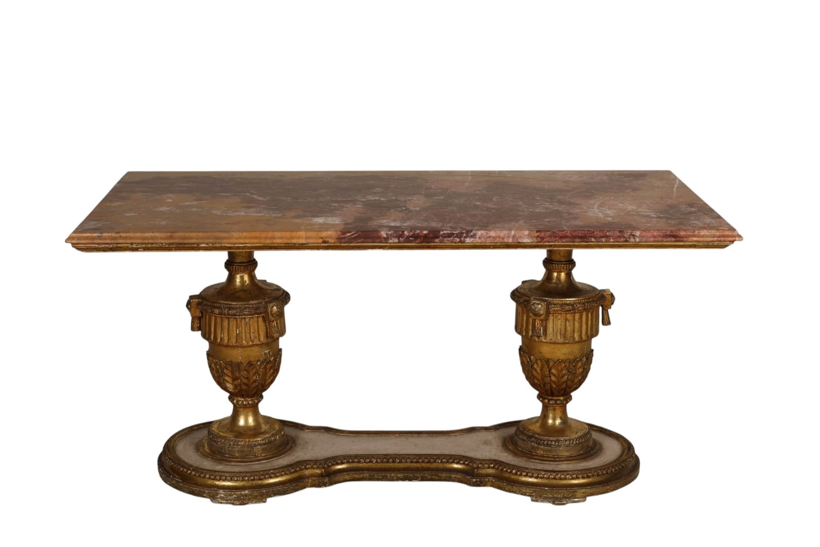 Italian Louis XVI Patinated Mecca Marble Low Table: Antique Italian 18th-century Neoclassical-style low center table crafted in carved, mecca-gilt, and patinated wood, featuring a rectangular variegated marble top supported by two elaborately carved ur