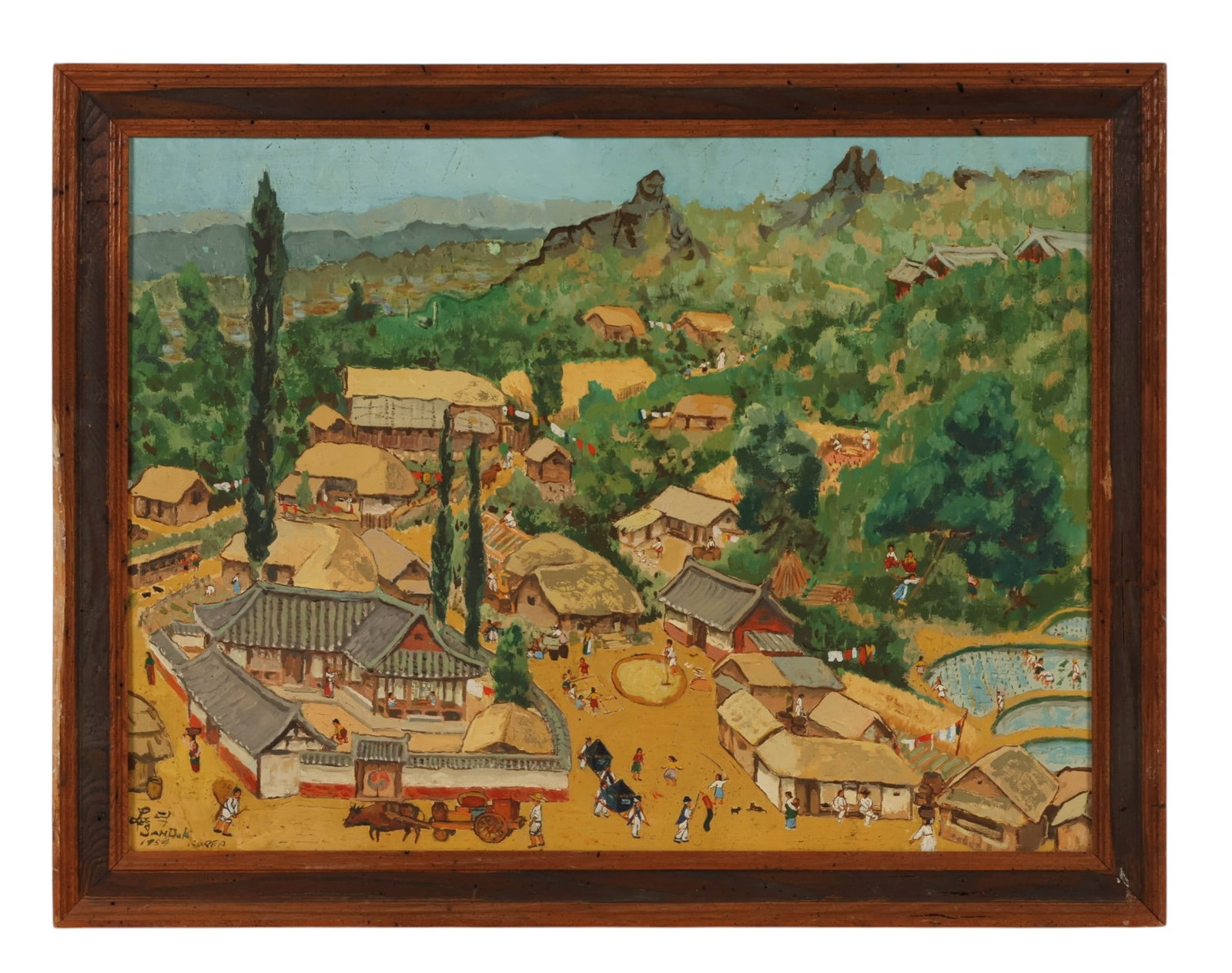 1954 Korean Village Naive Folk Art Painting SIGNED: Oil on canvas in the traditional naive folk art style depicting an expansive rural village landscape populated with numerous figures engaged in daily activities, including farmers, children at play, f
