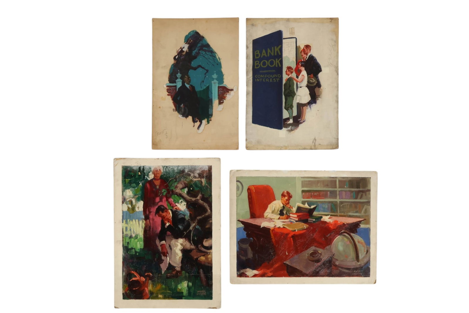 Matt Clark 1903-1972 Illustration Painting 4pc LOT: Matt Clark (American, 1903-1972), lot of four oil paintings on illustration board created as mid-20th-century magazine story illustrations. Narrative compositions include a man reading at a large desk