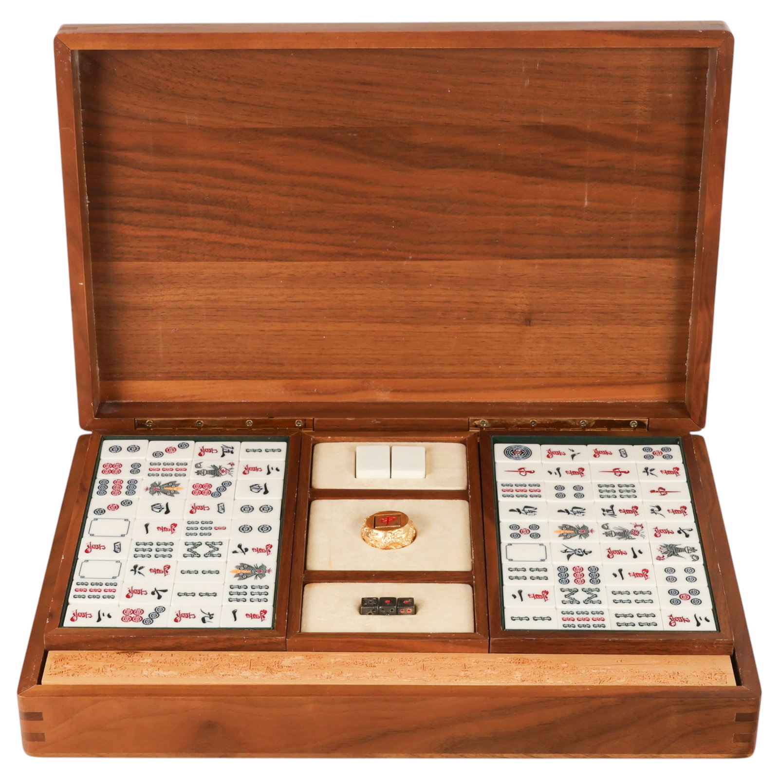 Chinese Luxury Traditional Mahjong Game Box SET: Chinese mahjong game set comprising 74 bamboo and acrylic tiles with traditional character, circle, bamboo, wind, and dragon motifs, three metal dice, a gilt-tone mahjong winner/luck charm, and four e