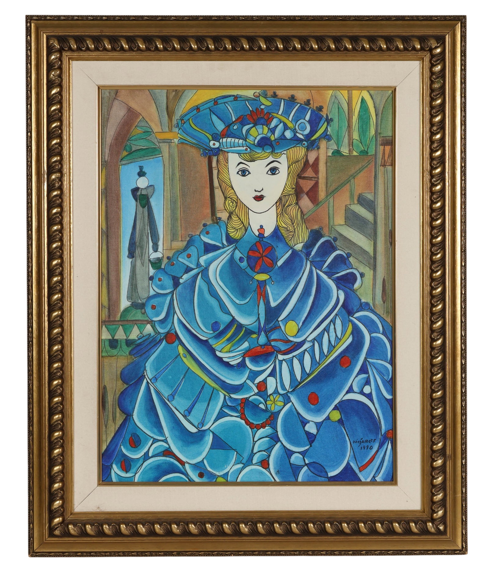 Jose Mijares Fernandez 1921-2004 Painting with COA: Jose Marie Mijares Fernandez, Serie Habaeras, painting on canvas depicting a female figure in a structured garment set against architectural elements. Signed lower right and dated 1990. The compositio