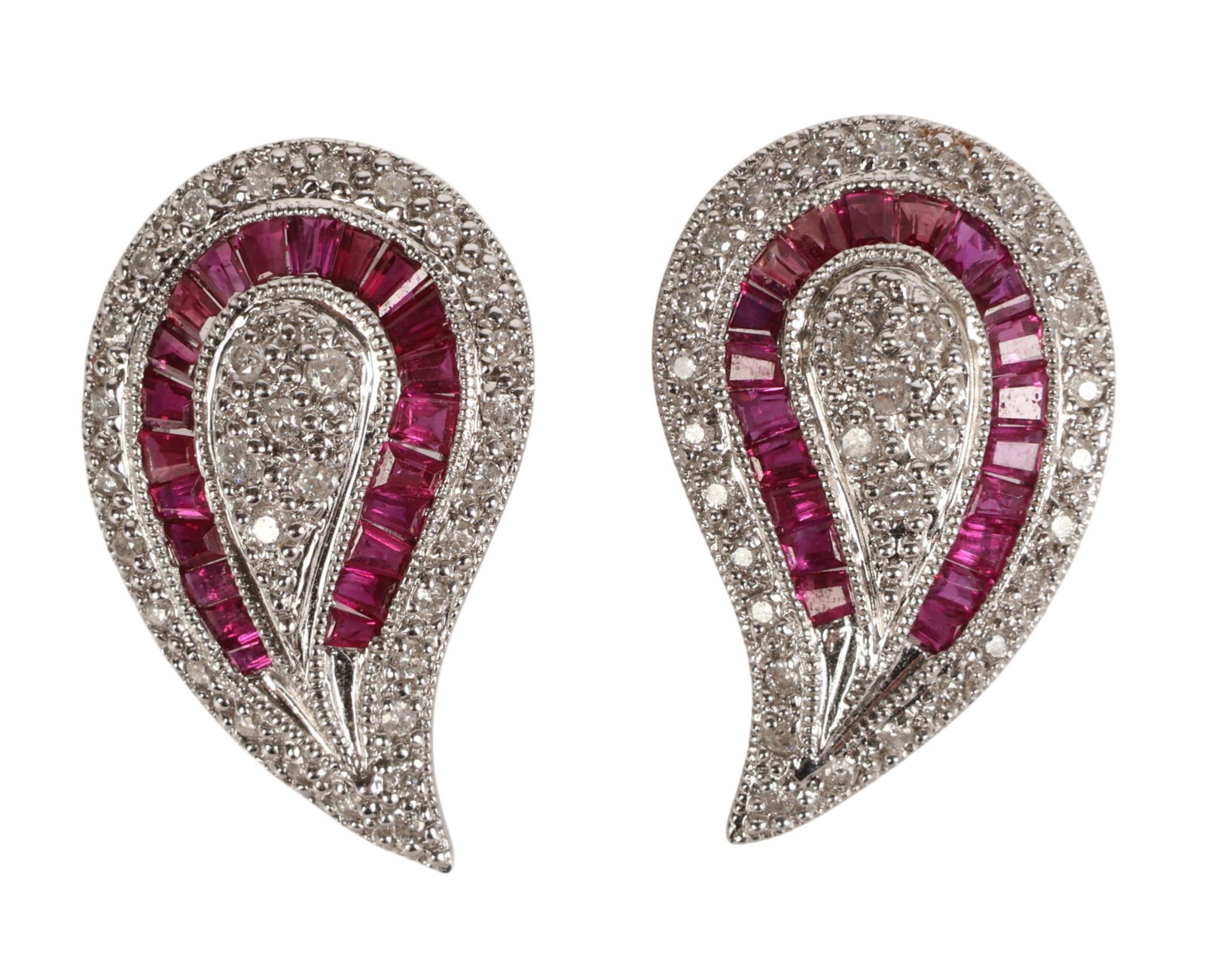 14k White Gold Ruby Diamond Leaf Earrings 7.7g: Pair of vintage 14K white gold paisley-form earrings featuring round diamonds totaling approximately 0.50 cttw, with an inner row of baguette-cut ruby gemstones totaling approximately 1.00 cttw combin