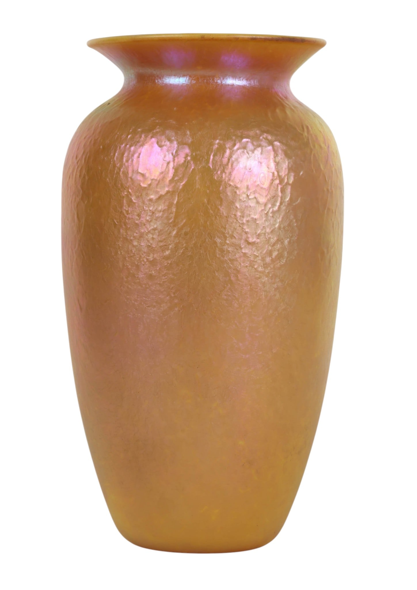 LC Tiffany Favrile Gold Aurene Glass Vase SIGNED: Louis Comfort Tiffany, an antique Favrile gold aurene art glass vase executed in iridescent gold tone glass with a baluster form body and flared rim. The surface displays a textured finish with irides