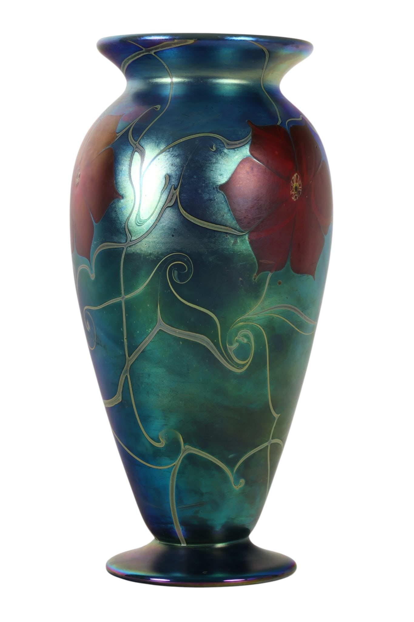 LCT Louis Comfort Tiffany Favrile Art Glass Vase: Louis Comfort Tiffany, a Favrile art glass vase of iridescent blue glass decorated with three burgundy poinsettia type flowers. The vase features a long tapering body, flared rim, and circular foot, w