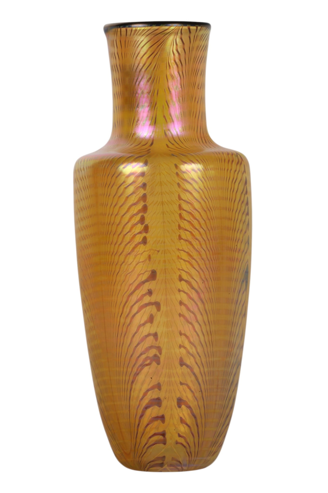 Yellow Pulled Feather Glass Vase Attributed to LCT: Attributed to Louis Comfort Tiffany, a yellow studio art glass vase with pulled feather decoration and an iridescent surface. The vase features a tapered neck over a rounded body with a polished rim.