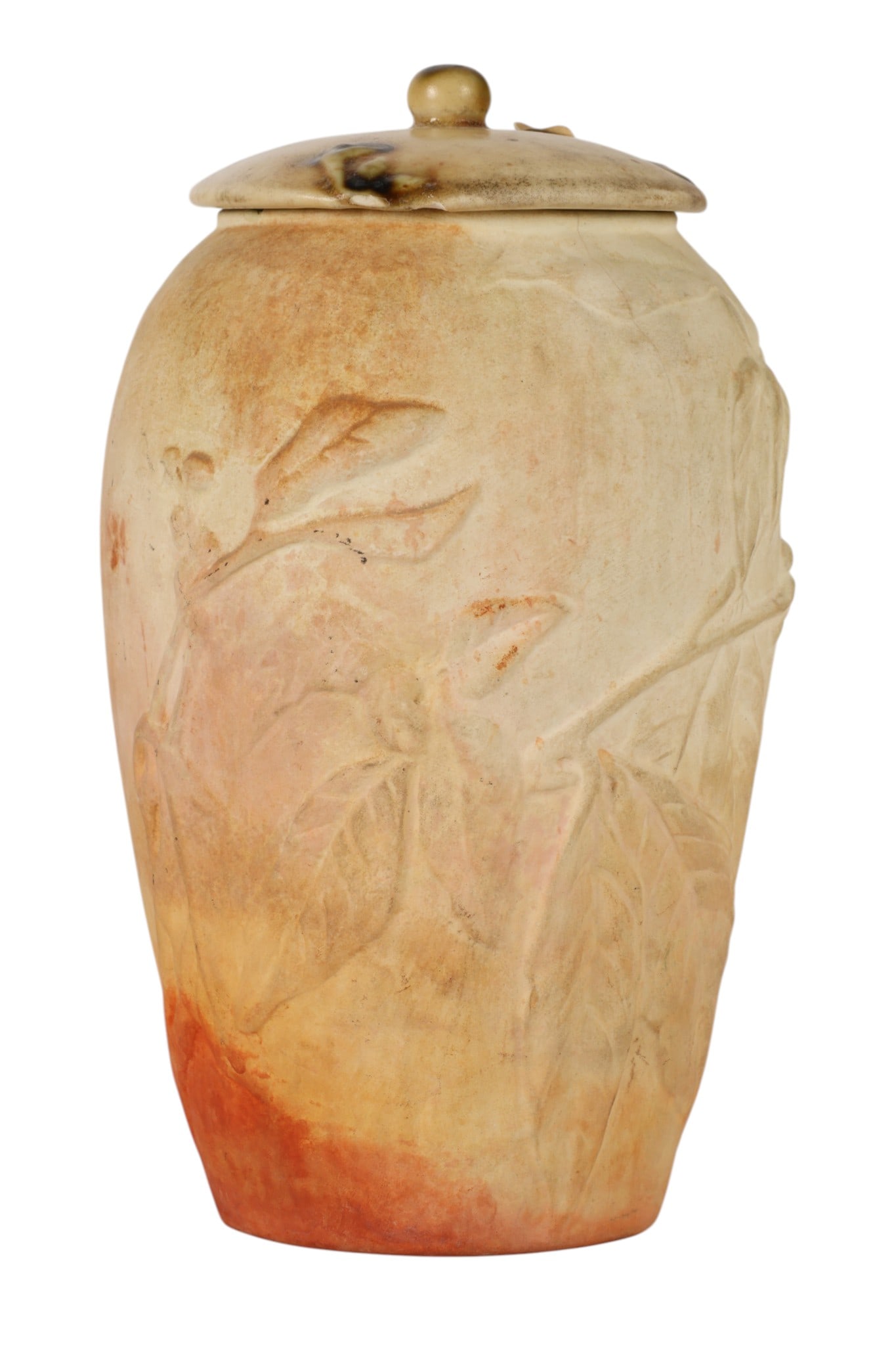 LCT Tiffany Studios Antique Covered Pottery Vase: Louis Comfort Tiffany (American, 1848-1933), manufactured by Tiffany Studios (American, 1902-1932), a ceramic lidded vase, ca. 1905. The vessel is executed in ceramic with relief decoration of branchi