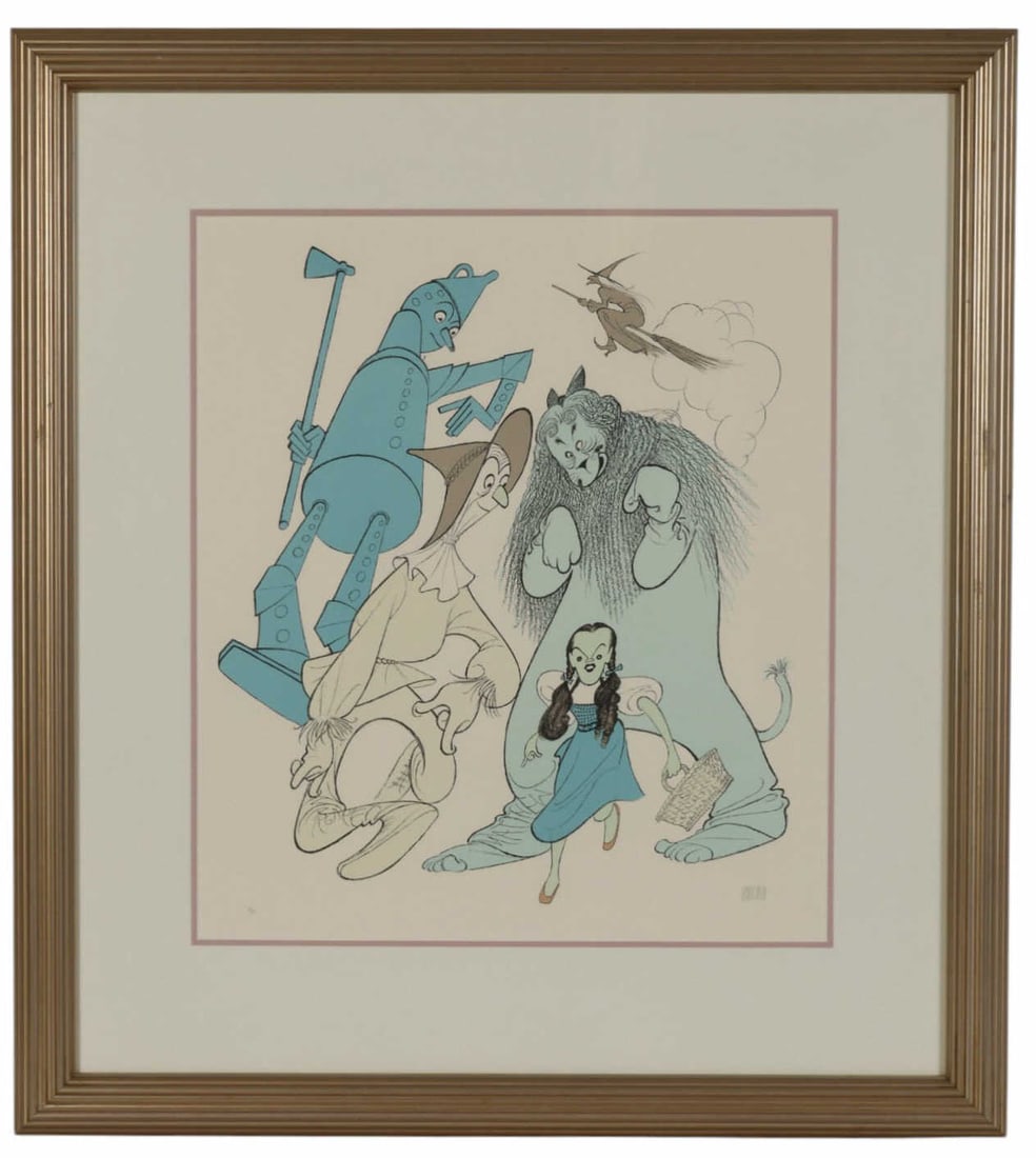 Al Hirschfeld 1903-2003 Wizard of Oz Litho SIGNED: Al Hirschfeld (American, 1903-2003), Wizard of Oz, a color lithograph on paper depicting characters from The Wizard of Oz rendered in Hirschfelds distinctive linear style, capturing the personality an