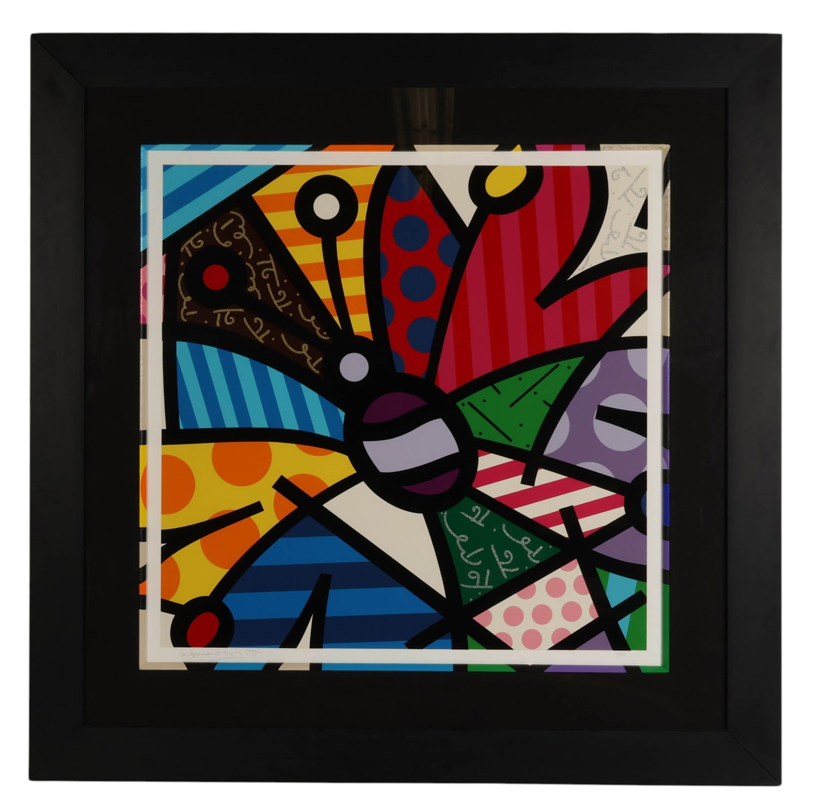 Romero Britto b1963 Rothschild Butterfly Serigraph: Romero Britto (Brazilian, born 1963), Rothschild Butterfly, a colorful pop art serigraph depicting a stylized butterfly rendered in bold black outlines with geometric segments filled with stripes, pol