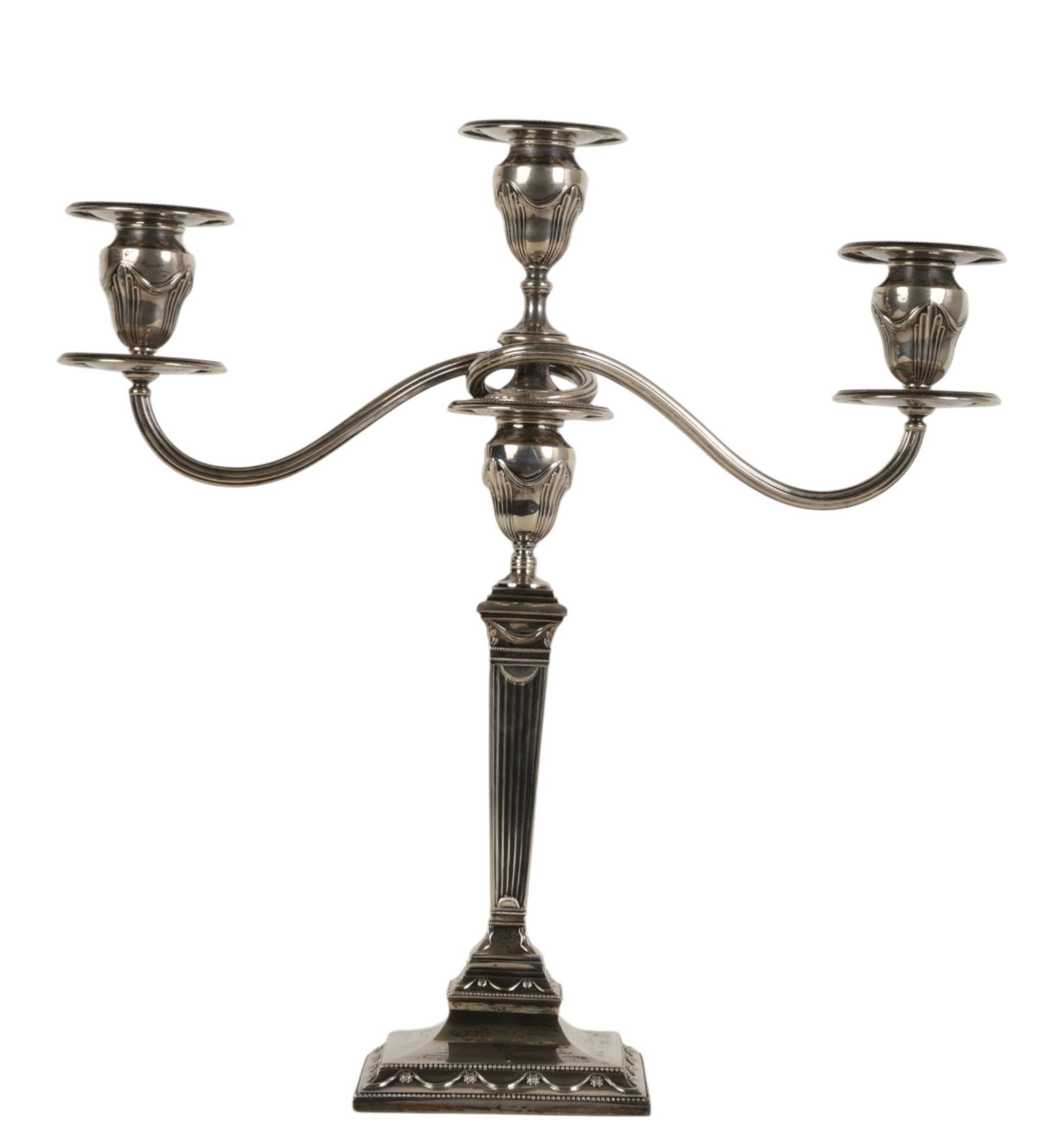 Tiffany & Co Makers Sterling Candelabra 1,520g.: Three light sterling silver candelabrum by Tiffany & Co. Makers, marked Sterling Silver 925-1000, featuring a central standard issuing two scrolling arms each supporting a candle cup with drip pan, ra
