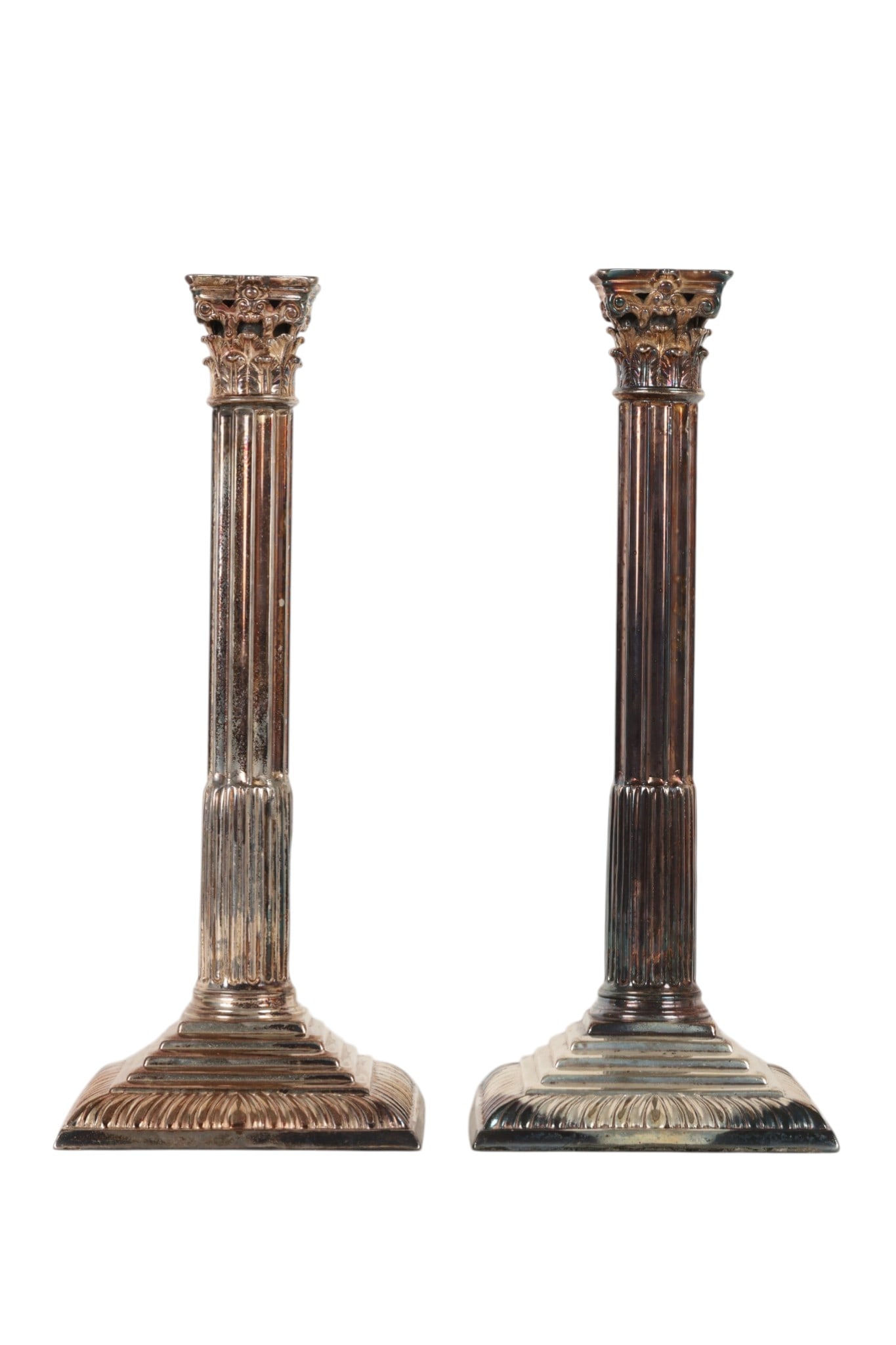 18C Pair of Georgian Sterling Candlesticks 1,200g: Pair of Georgian sterling silver candlesticks, London, 1763, by Ebenezer Coker. Each is of columnar form with fluted shafts and stepped square bases. The bases bear English silver hallmarks, including