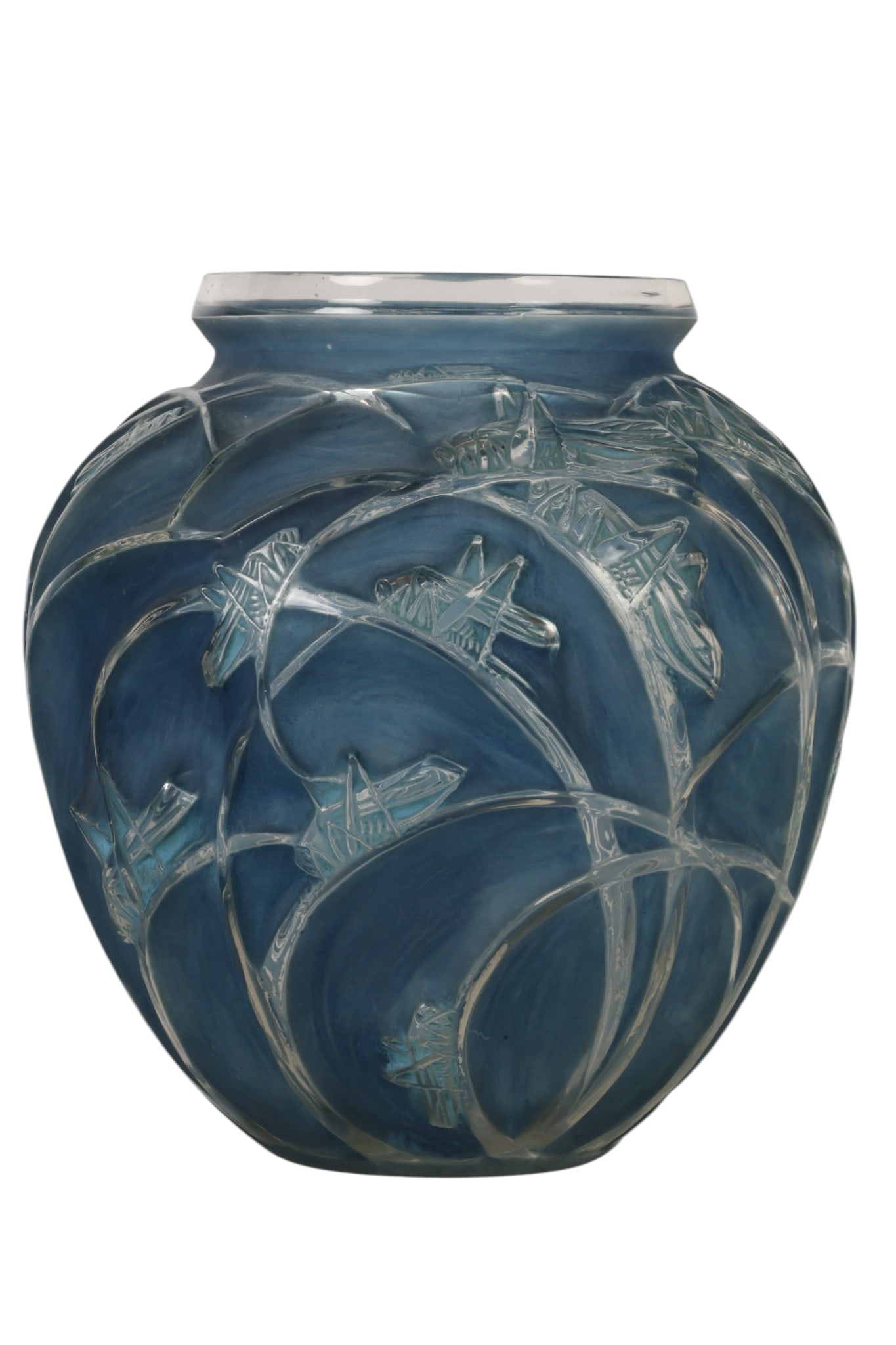 R. Lalique Blue Sauterelles Grasshopper Glass Vase: Rene Lalique, a Sauterelles vase executed in molded glass with blue patinated ground and clear relief decoration. The design features grasshoppers and foliate elements in repeating vertical panels acr