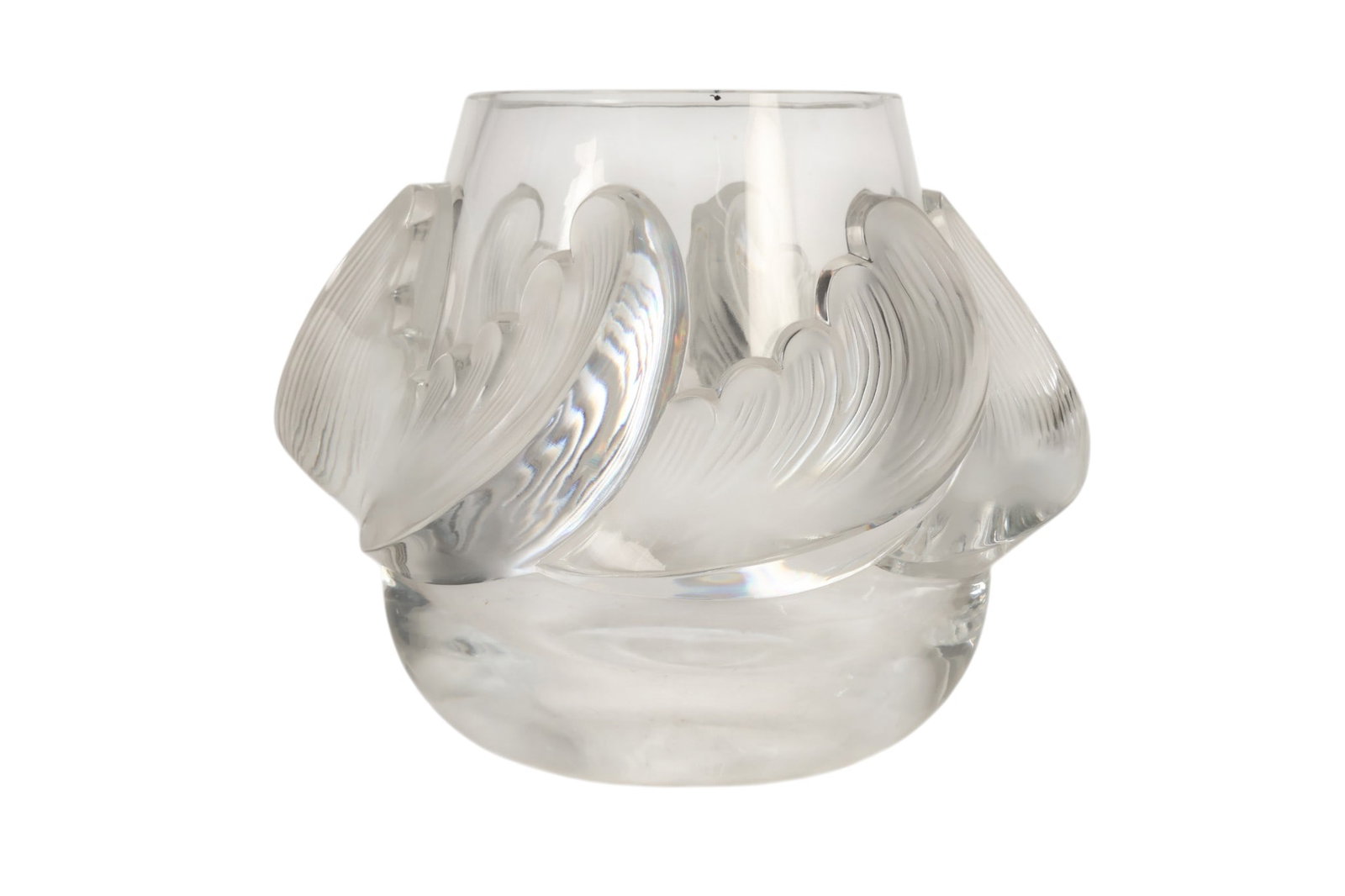 Lalique French Crystal Vagues Waves Frosted Vase: Lalique France, a clear crystal Vagues vase featuring molded wave relief around the body with a round base and flared rim. The underside bears an incised signature reading "Lalique France."Dimensions: