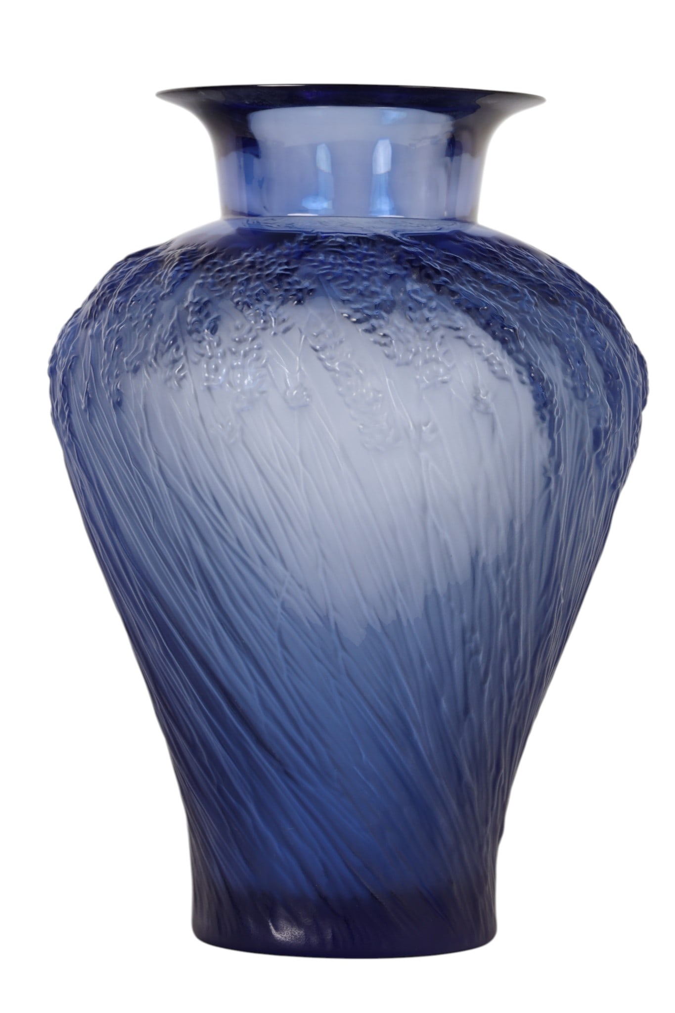 Lalique French Blue Lavender Molded Crystal Vase: Lalique France, a crystal blue lavender vase of baluster form with flared rim and textured body featuring stylized foliate and botanical relief decoration. The frosted and polished contrast highlights