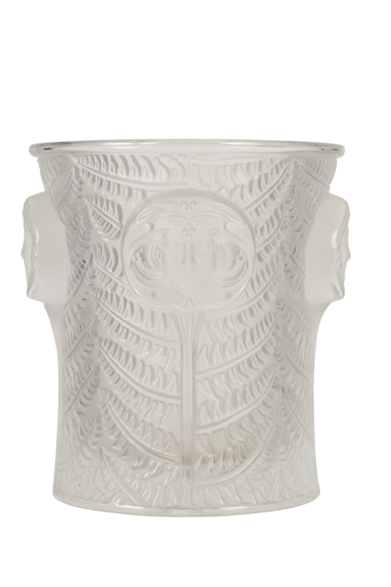 Lalique France Psyche Crystal Champagne Ice Bucket: Lalique France, a crystal champagne ice bucket in the Psyche pattern of cylindrical form featuring frosted fern frond decoration in relief accented with applied medallions depicting a female face in p