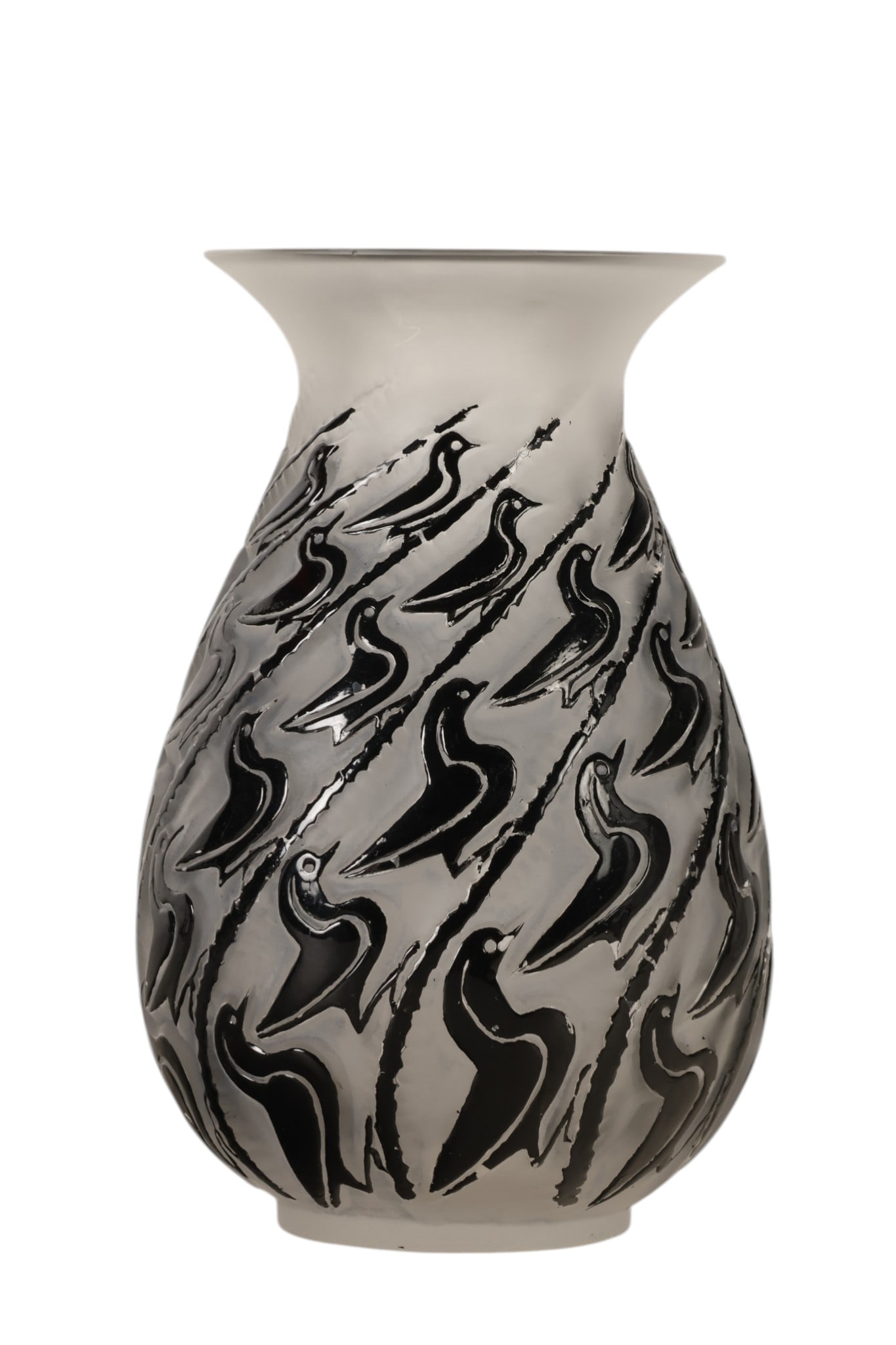 Rene Lalique Glass Art Deco Enameled Canards Vase: Rene Lalique, a French Art Deco Canards vase executed in molded frosted and clear glass depicting a repeating duck motif in black enameled relief around the body. The underside bears an etched "R. Lal