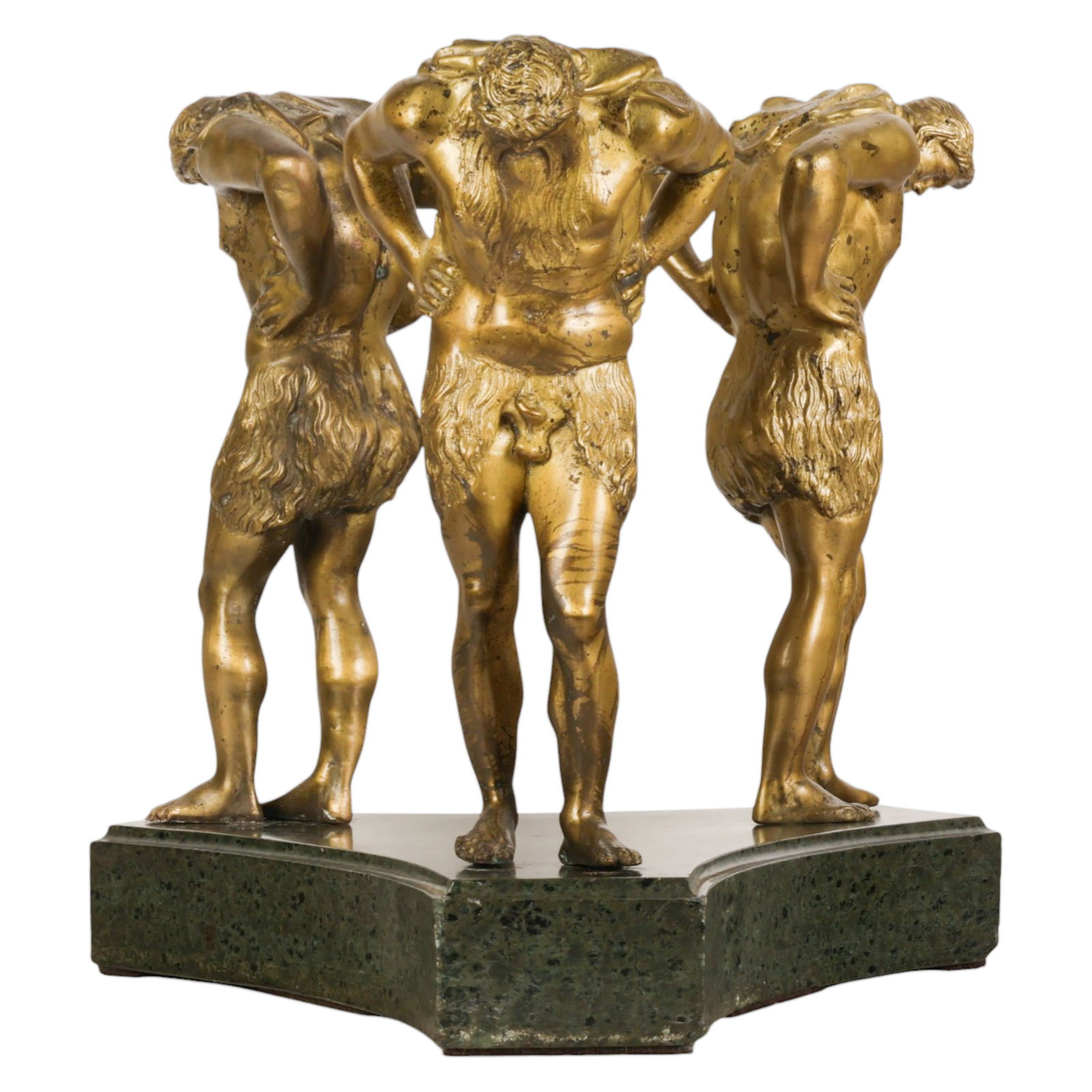 Figural Bronze Atlas and Green Marble Base Display: Three bronze Atlas figures mounted on a green marble base. The figures are modeled as male forms in standing poses with hands on their hips and torsos bent forward. Each figure is mounted into the mar
