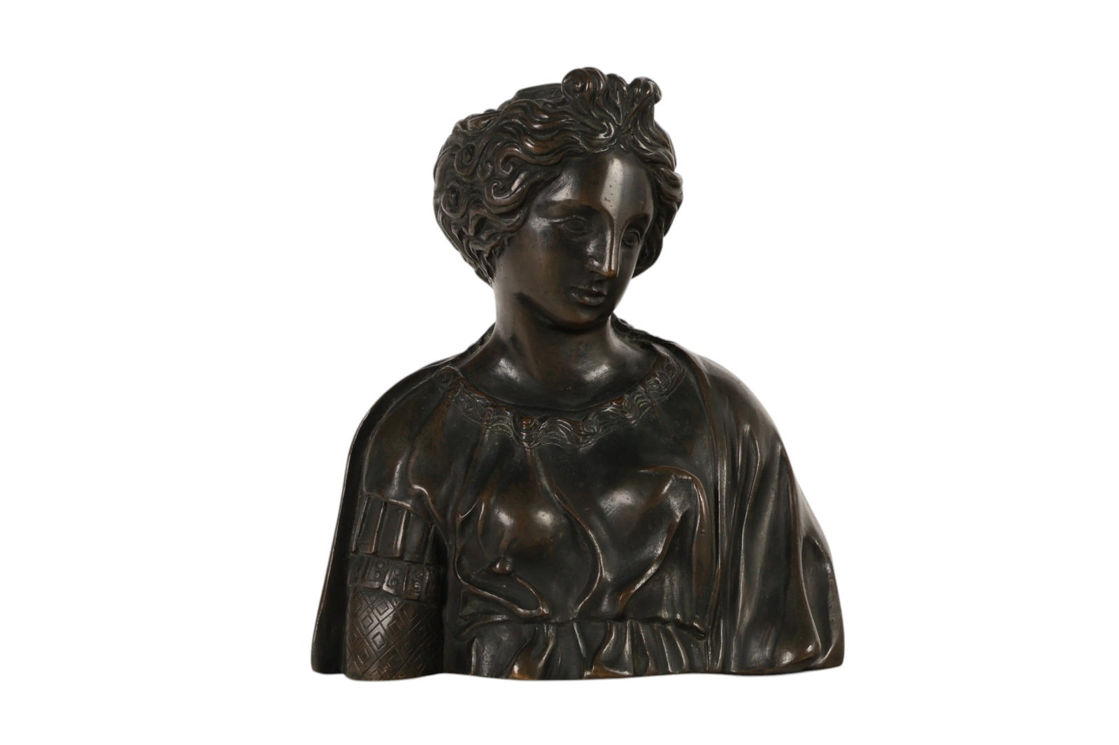 Grand Tour Neoclassical Greco Roman Bronze Bust: Grand Tour style, an antique bronze bust depicting a female figure modeled with a draped garment and coiffure gathered at the back of the head. The figure is shown in partial armor featuring a decorat