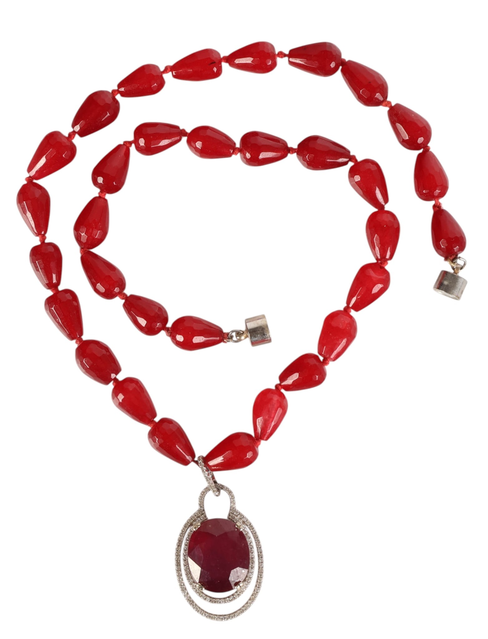 Ruby Bead & Ruby Diamond Pendant Necklace 46.3g - 2