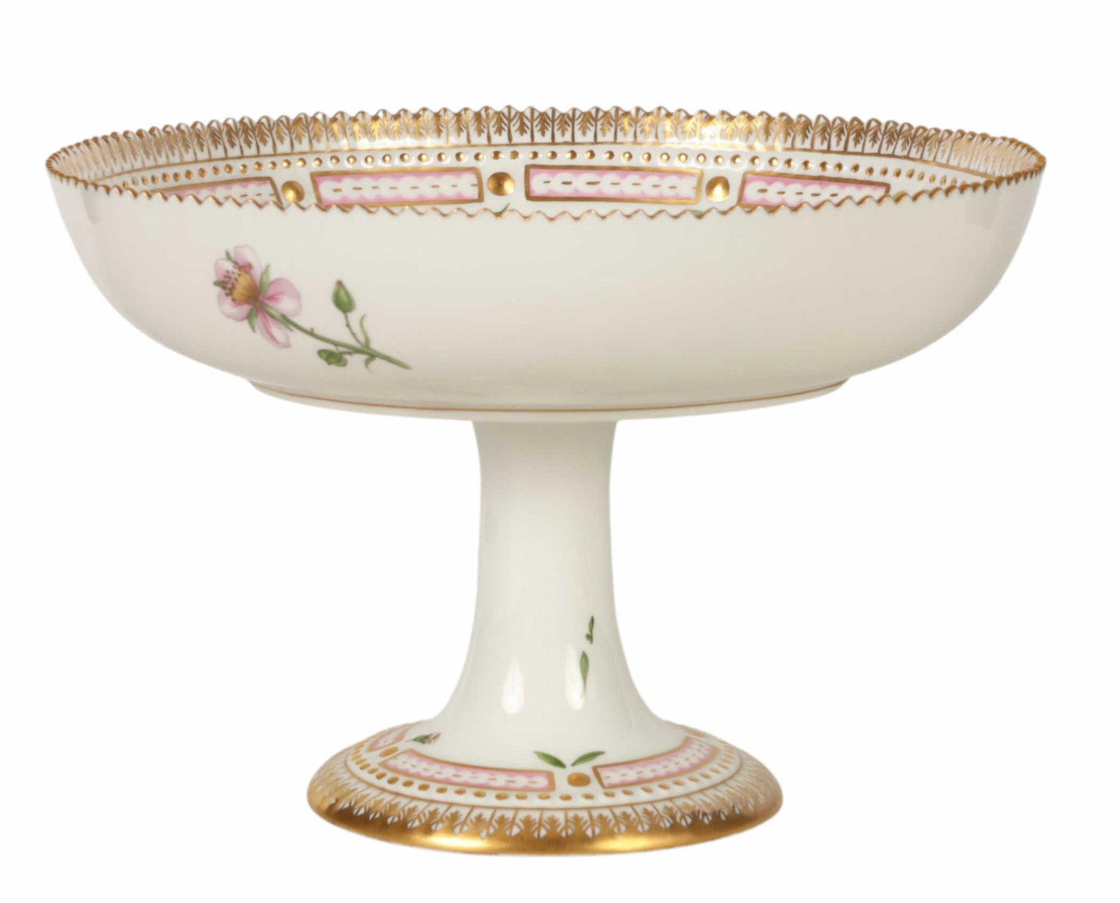 Royal Copenhagen Flora Danica Porcelain Compote: Royal Copenhagen Denmark, a porcelain compote in the Flora Danica pattern decorated with the botanical study titled Rubus vestitus Whe. Bowl features a hand painted floral specimen to the interior and
