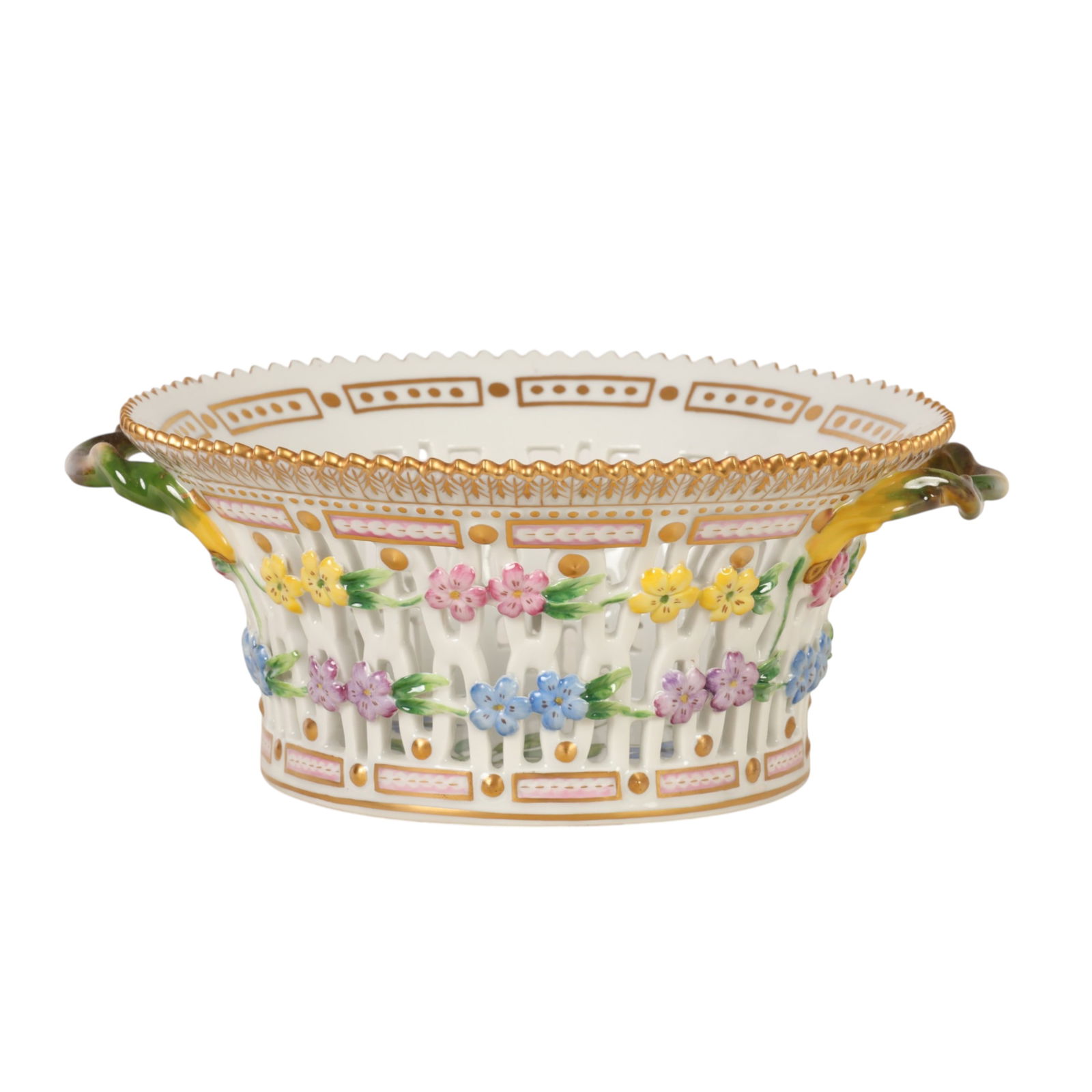 Royal Copenhagen Flora Danica Pierced Fruit Bowl: Royal Copenhagen Denmark, a Flora Danica Danish porcelain reticulated fruit bowl decorated with the botanical study titled Viola hirta L. Features a pierced body with applied floral garlands in relief