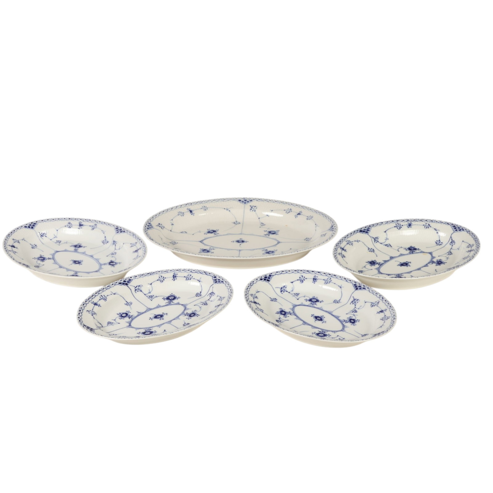 Royal Copenhagen Blue Fluted Half Lace Trays 5pc: Royal Copenhagen Denmark, a set of five Danish porcelain Blue Fluted Half Lace Border pattern oval serving trays. The decoration is characterized by a hand painted cobalt blue floral motif, lace like