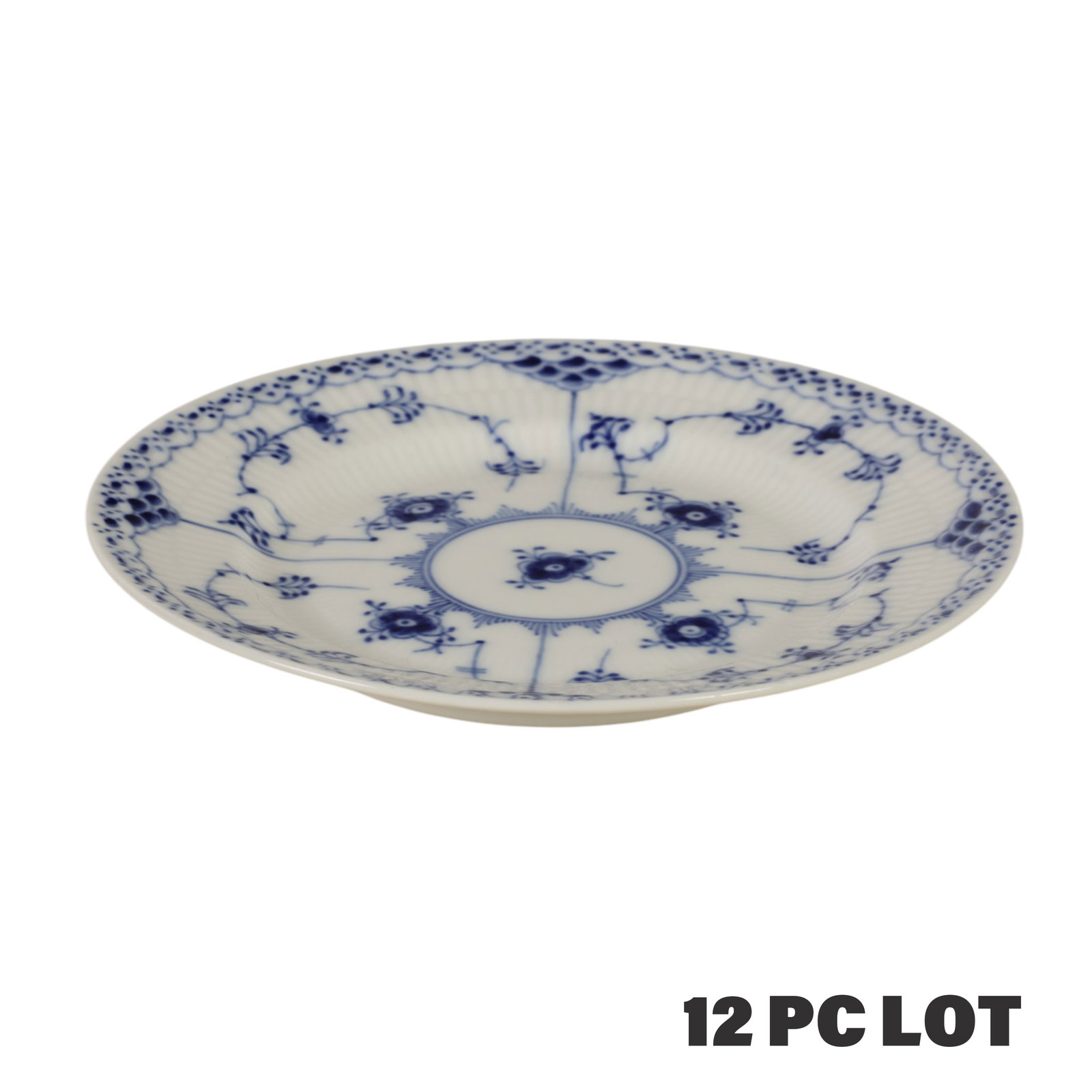 Royal Copenhagen Blue Fluted Half Lace Bread Plate: Royal Copenhagen Denmark, a set of twelve Danish porcelain Blue Fluted Half Lace Border pattern bread and butter plates. The decoration is characterized by a hand painted cobalt blue floral motif, lac
