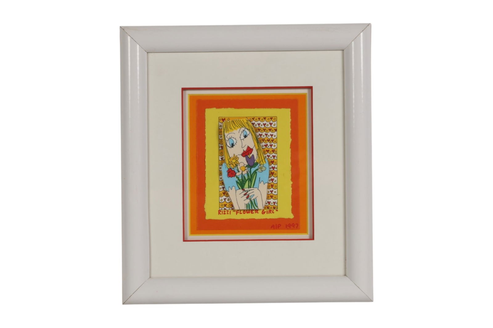 James Rizzi 1950-2011 Flower Girl 3D Lithograph: James Rizzi (American, 1950-2011), Flower Girl, 1997, a hand colored lithograph depicting a stylized blonde girl with bright blue eyes holding a bouquet of colorful flowers set against a patterned bac