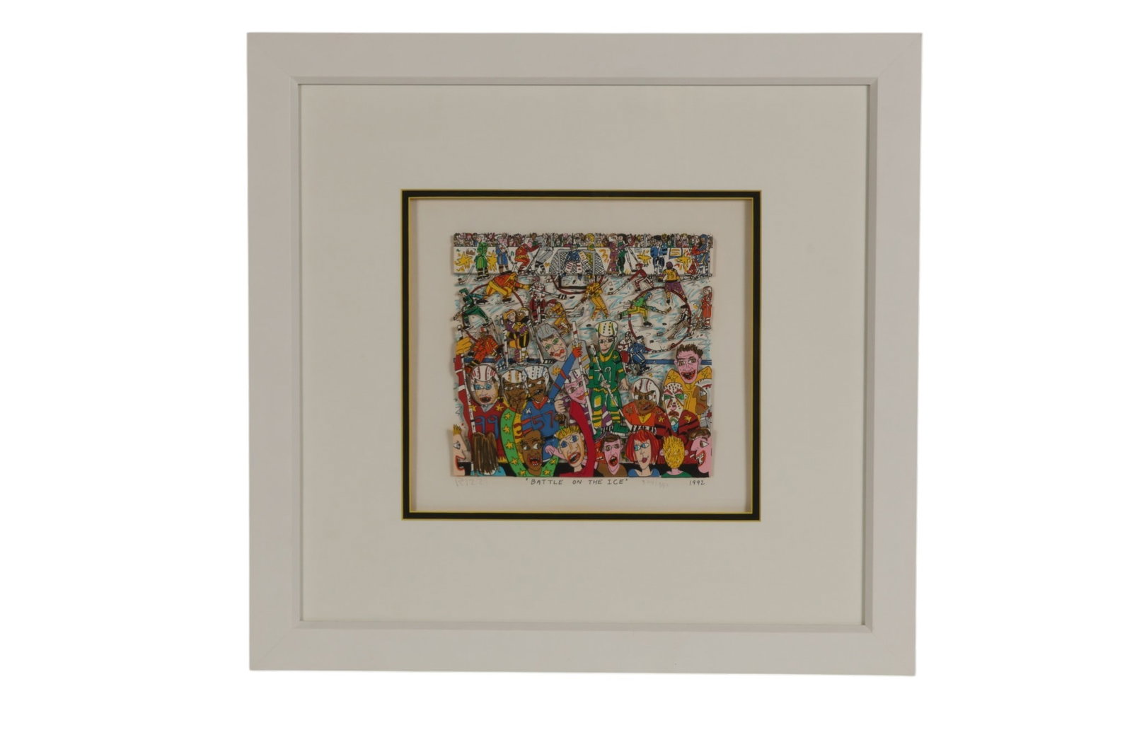 James Rizzi 1950-2011 Battle on Ice LE Screenprint: James Rizzi (American, 1950-2011), Battle On The Ice, a limited edition colored screenprint depicting a hockey game filled with animated players, expressive fans, helmeted skaters, referees, and cheer