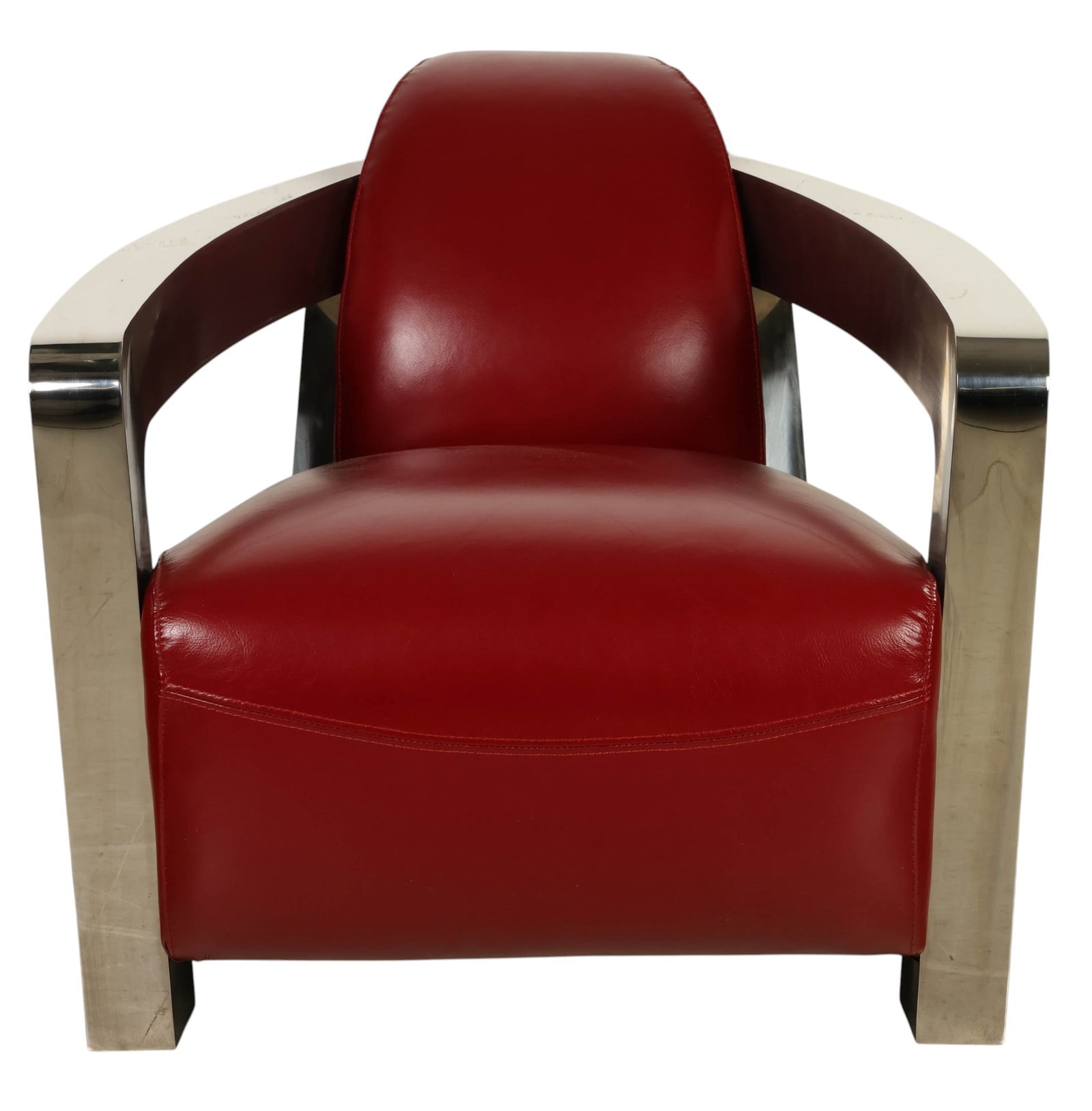 Aviator Red Leather Polish Metal Accent Club Chair: Aviator II style, a modern accent club armchair featuring an industrial inspired design with aerodynamic curves and a polished metal frame accented by riveted metal detailing reminiscent of historic a