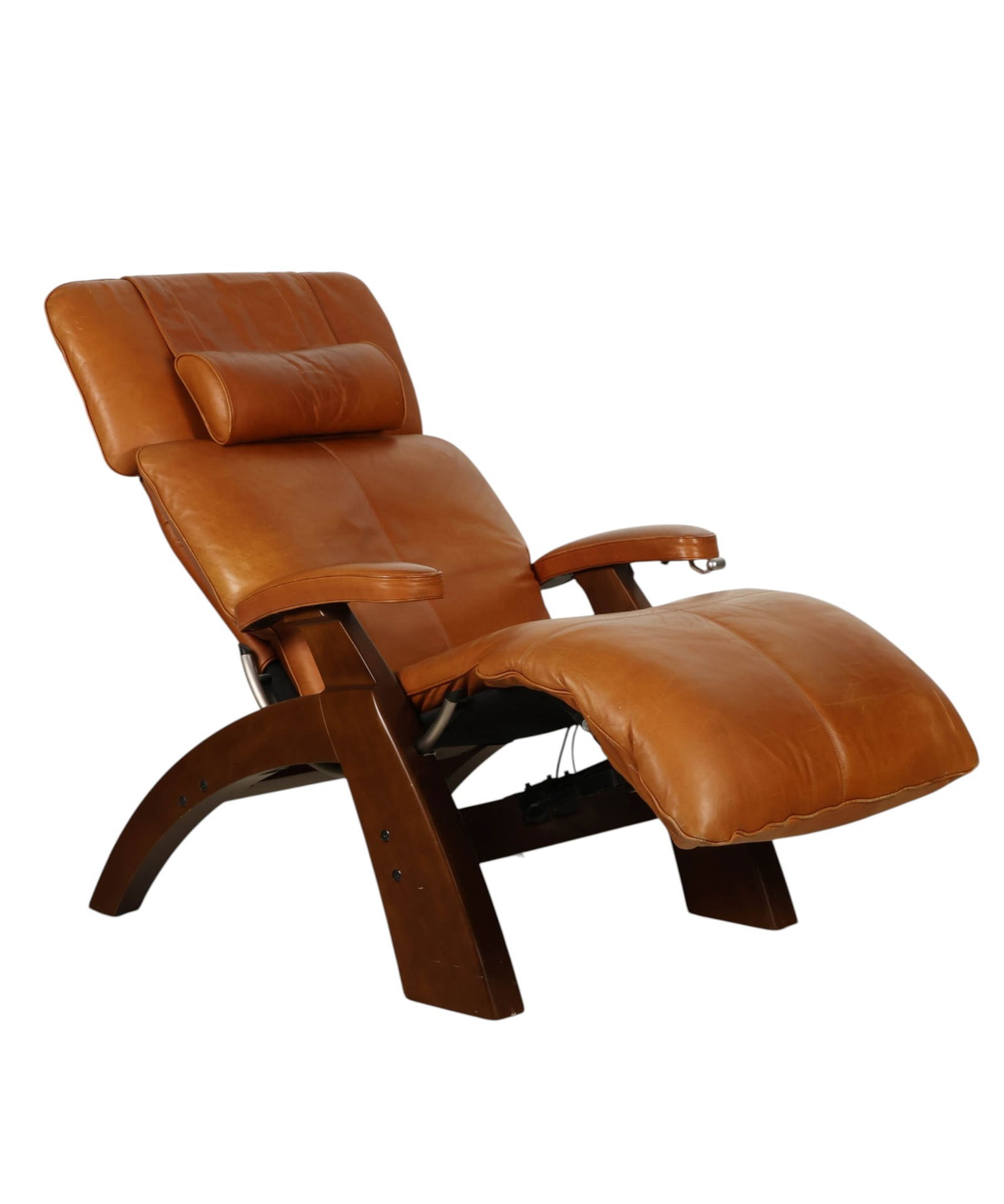 Interactive Health Perfect Chair PC-095 Recliner: Interactive Health, The Perfect Chair model PC 095 power recliner featuring an ergonomic zero gravity style design upholstered in tan leather with matching headrest cushion and padded armrests. Mounte