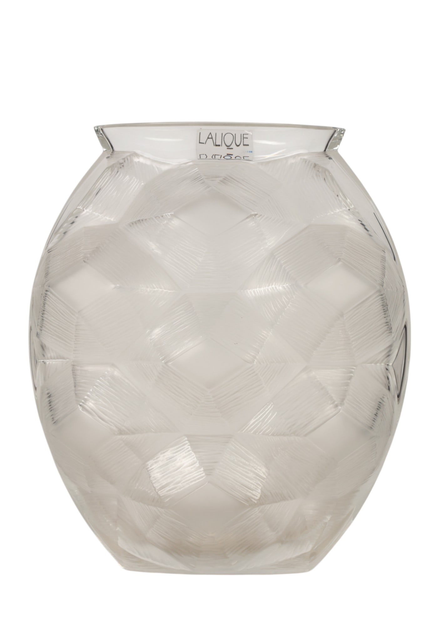 Lalique French Crystal Tortue Repousse Vase: Lalique France, a French Tortue vase in clear and frosted crystal featuring a geometric turtle shell pattern in relief with a flared rim and faceted body. The rim is marked Lalique France. Incised mak